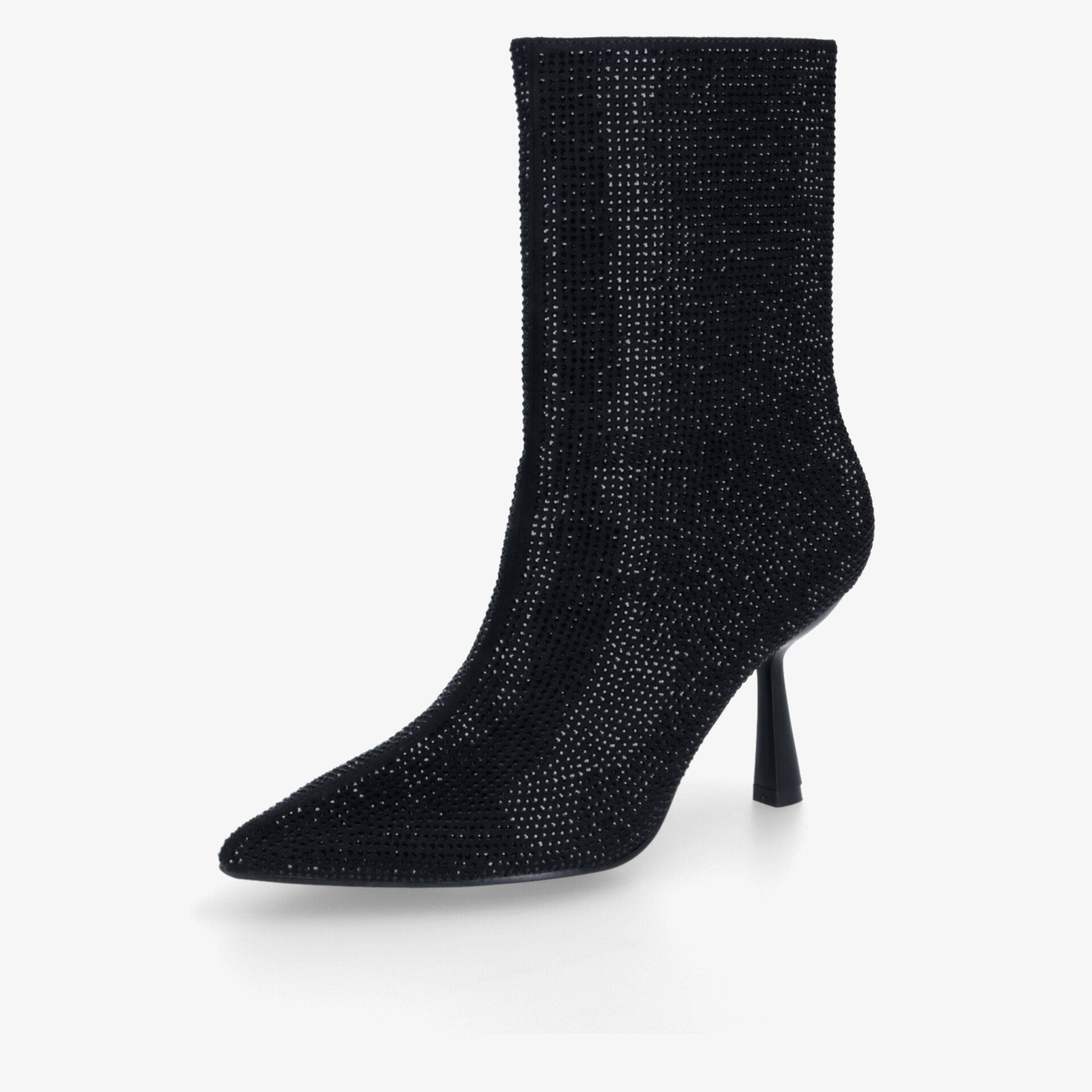 Elegante glitzernde Stiefelette in Schwarz mit spitzer Zehenpartie und hohem Absatz für einen glamourösen Auftritt.