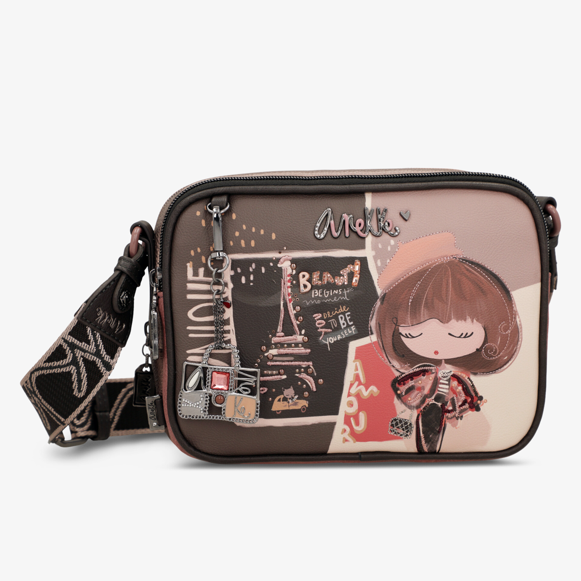 Modische kleine Umhängetasche in Braun mit dekorativem Muster und verstellbarem Schulterriemen