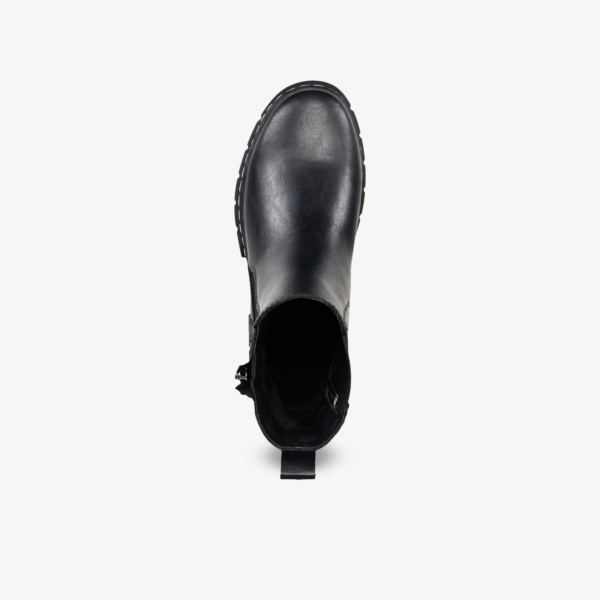 Robuster schwarzer Schuh aus hochwertigem Leder mit rutschfester Sohle, bequem und strapazierfähig, Draufsicht