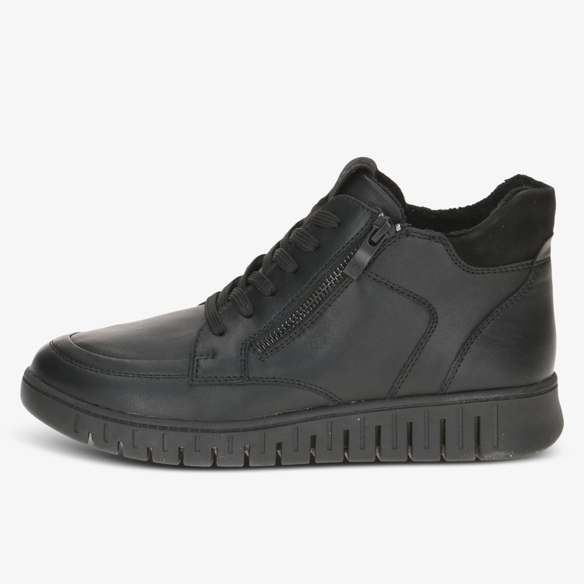 Schwarzer Schuh seitlich mit Reißverschluss, bequeme Passform und rutschfester Sohle für sportlichen und eleganten Look