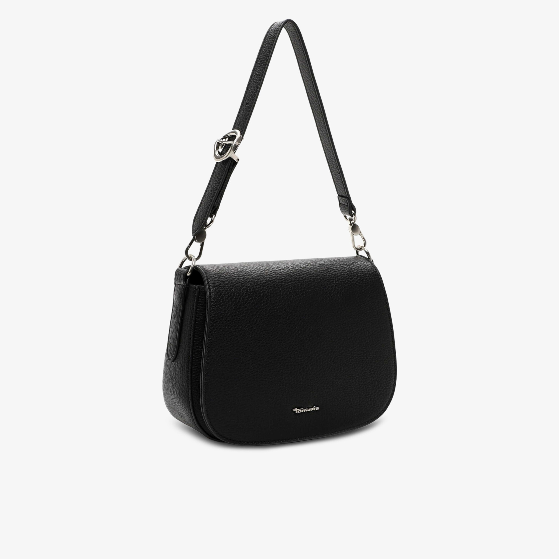 Elegante schwarze Leder-Handtasche mit kompakter Form und verstellbarem Schulterriemen für vielseitigen Komfort