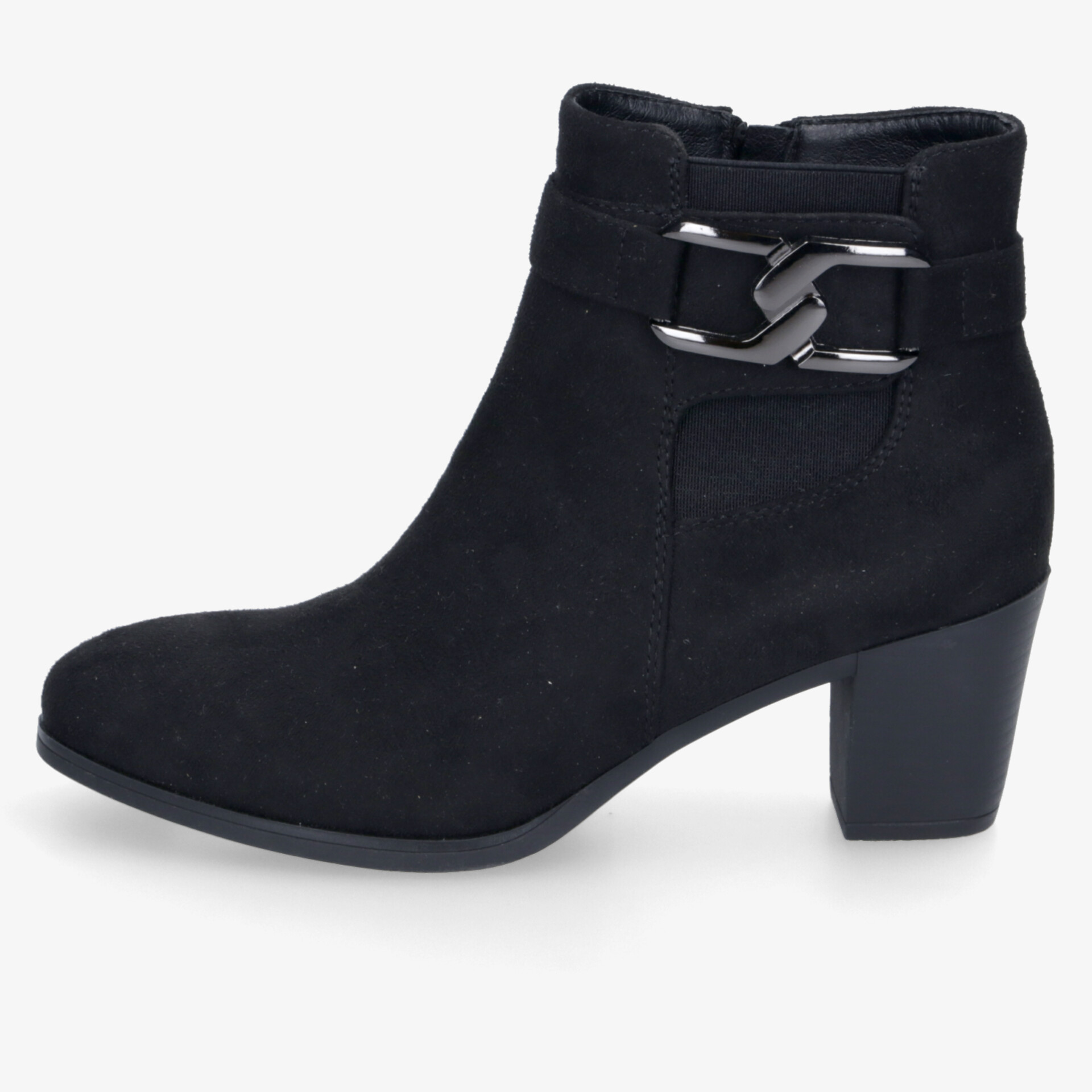 Schwarze Stiefelette mit bequemem Blockabsatz und modischem Metallverschluss seitlich gut sichtbar