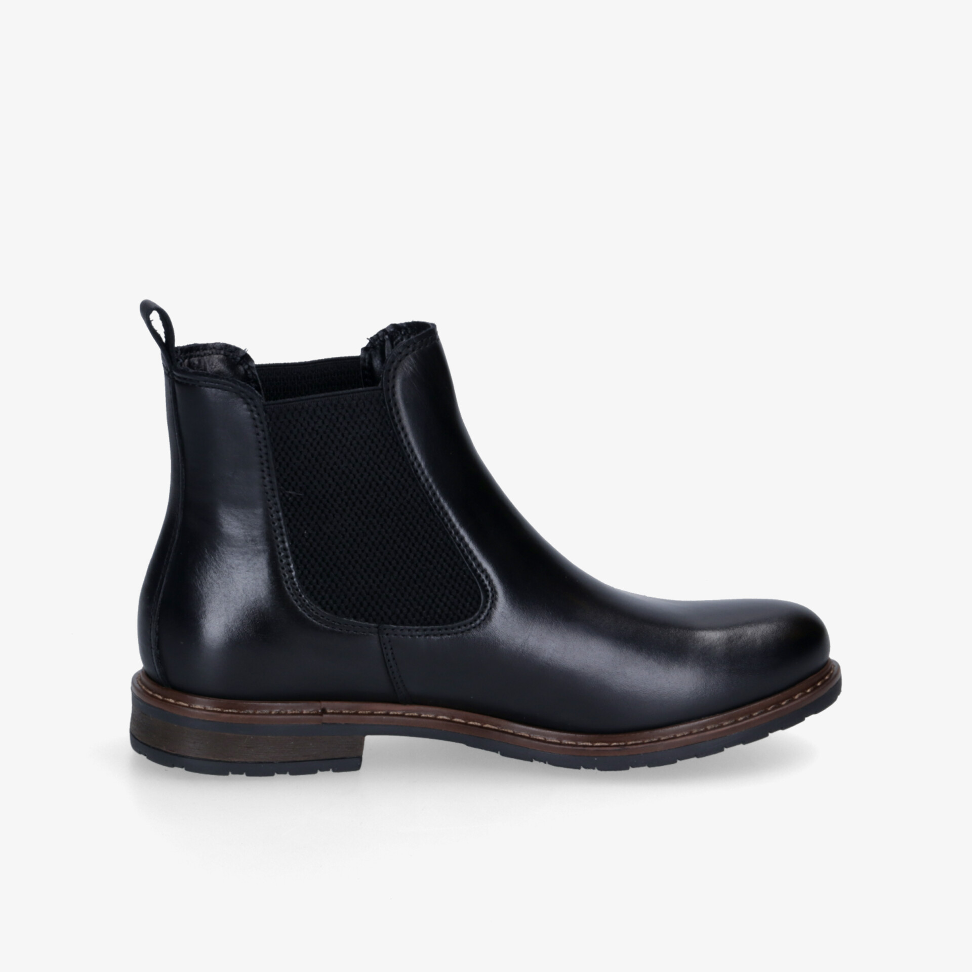 Elegante schwarze Chelsea Boots aus hochwertigem Leder mit rutschfester Sohle und seitlichem Gummieinsatz.