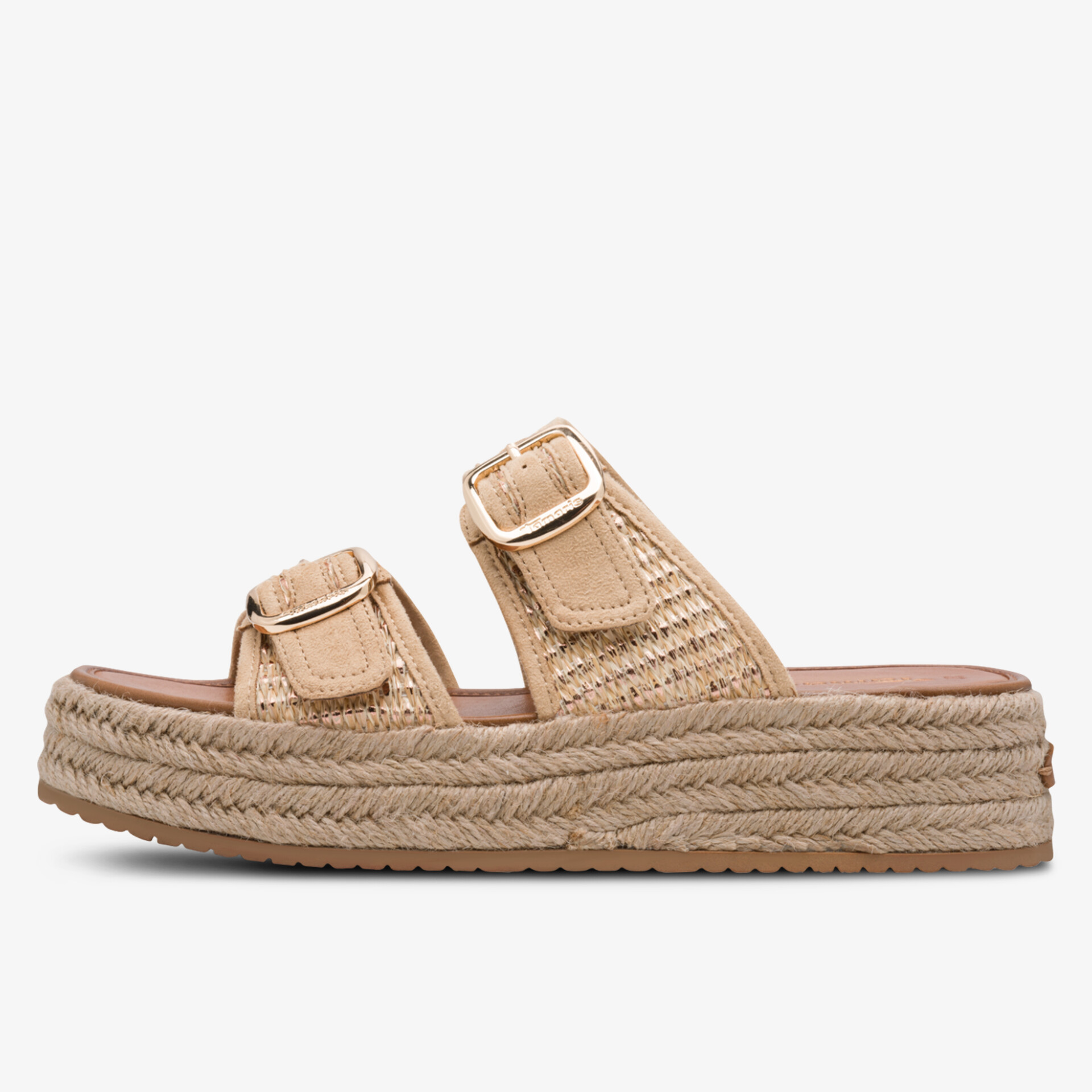 Beige Plateau Sandale mit doppeltem verstellbarem Riemen und Jute-Umrandung, modisch und bequem