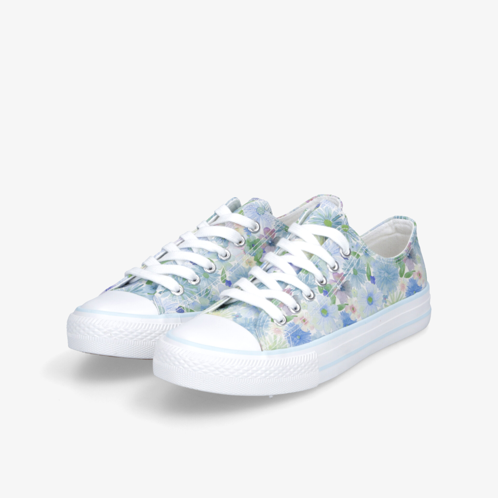 Leichtes Paar Textilschuhe mit farbigem Blumendesign, bequemer Passform und weißer flexibler Gummisohle