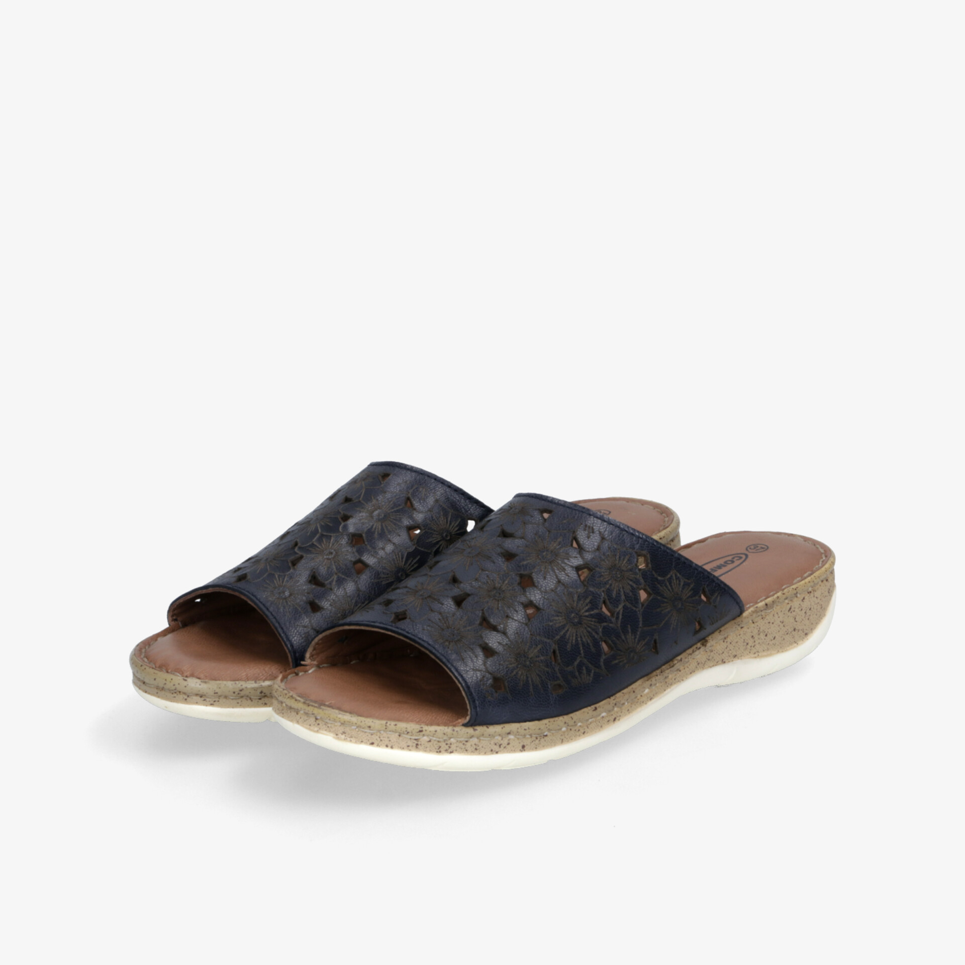 Schwarze Slider-Pantoletten mit offenem Zehenbereich und perforiertem Riemen, bequeme natürliche Sohle