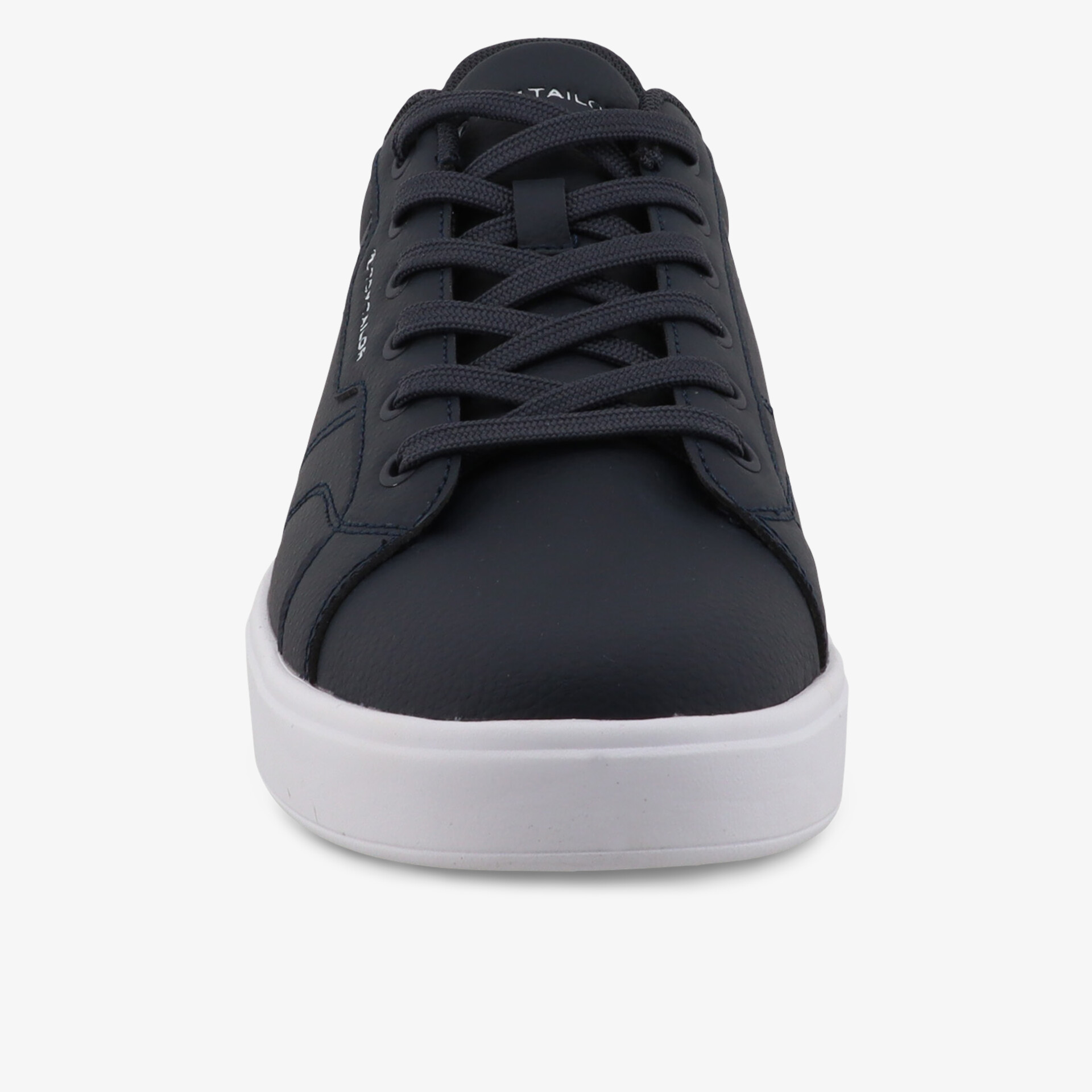 Schwarzer Sneaker mit weißen Sohlen und sportlichem Design, frontal fotografiert, bequem und modern