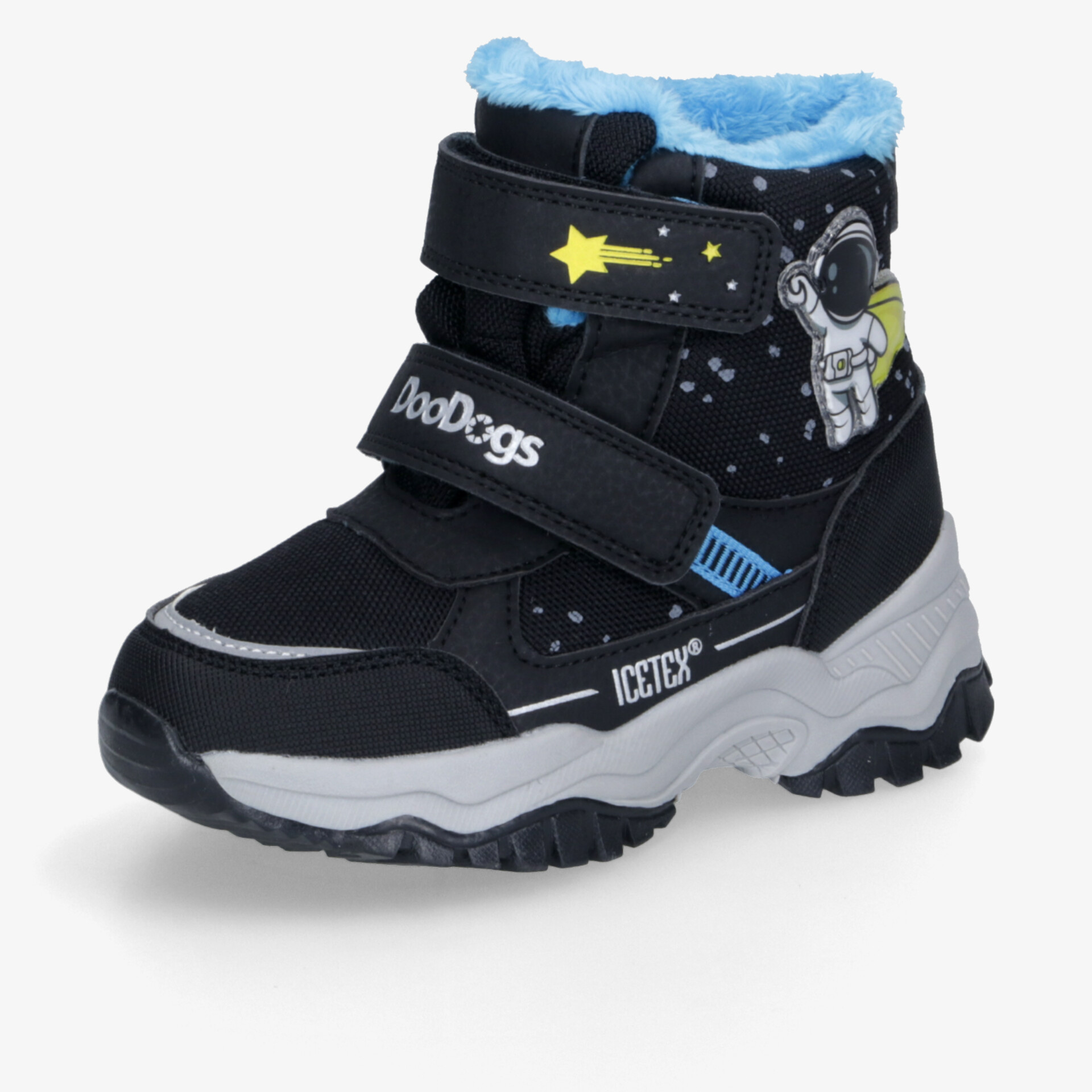 Schwarzer Winterschuh mit blauer Innenfütterung, rutschfester Sohle und praktischem Klettverschluss für sicheren Halt