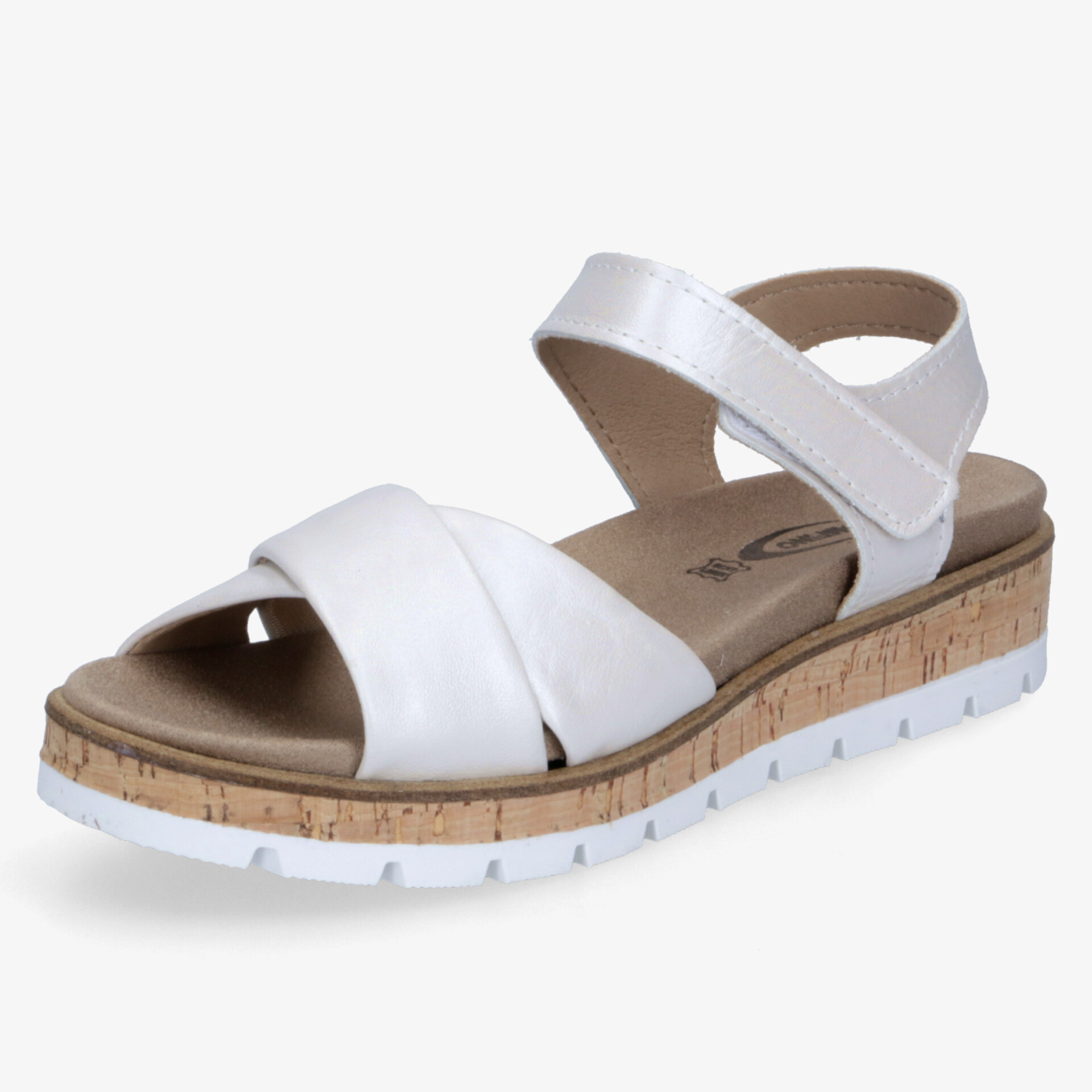 Weißer Sandale mit bequemer Innensohle und rutschfester Kork-Optik Laufsohle, Klettverschluss für einfachen Halt