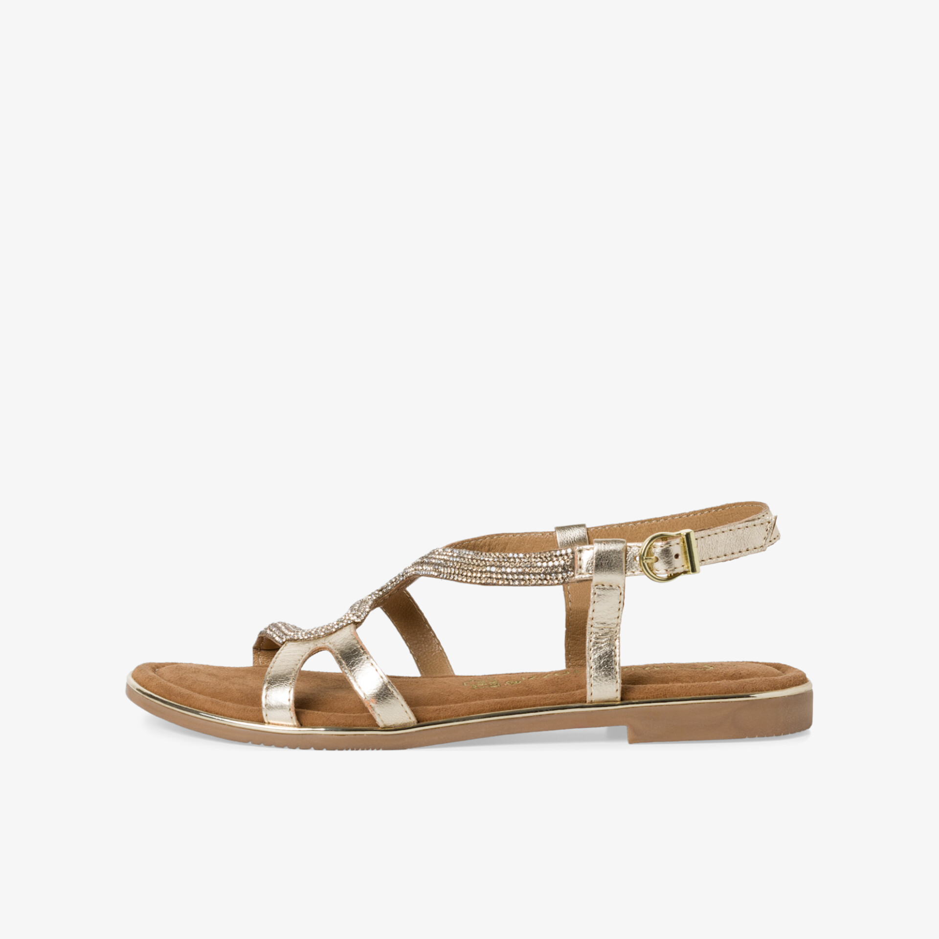 Leichte flache Sandale mit metallic Riemen und verstellbarem Verschluss für bequemen und modischen Sommer-Look