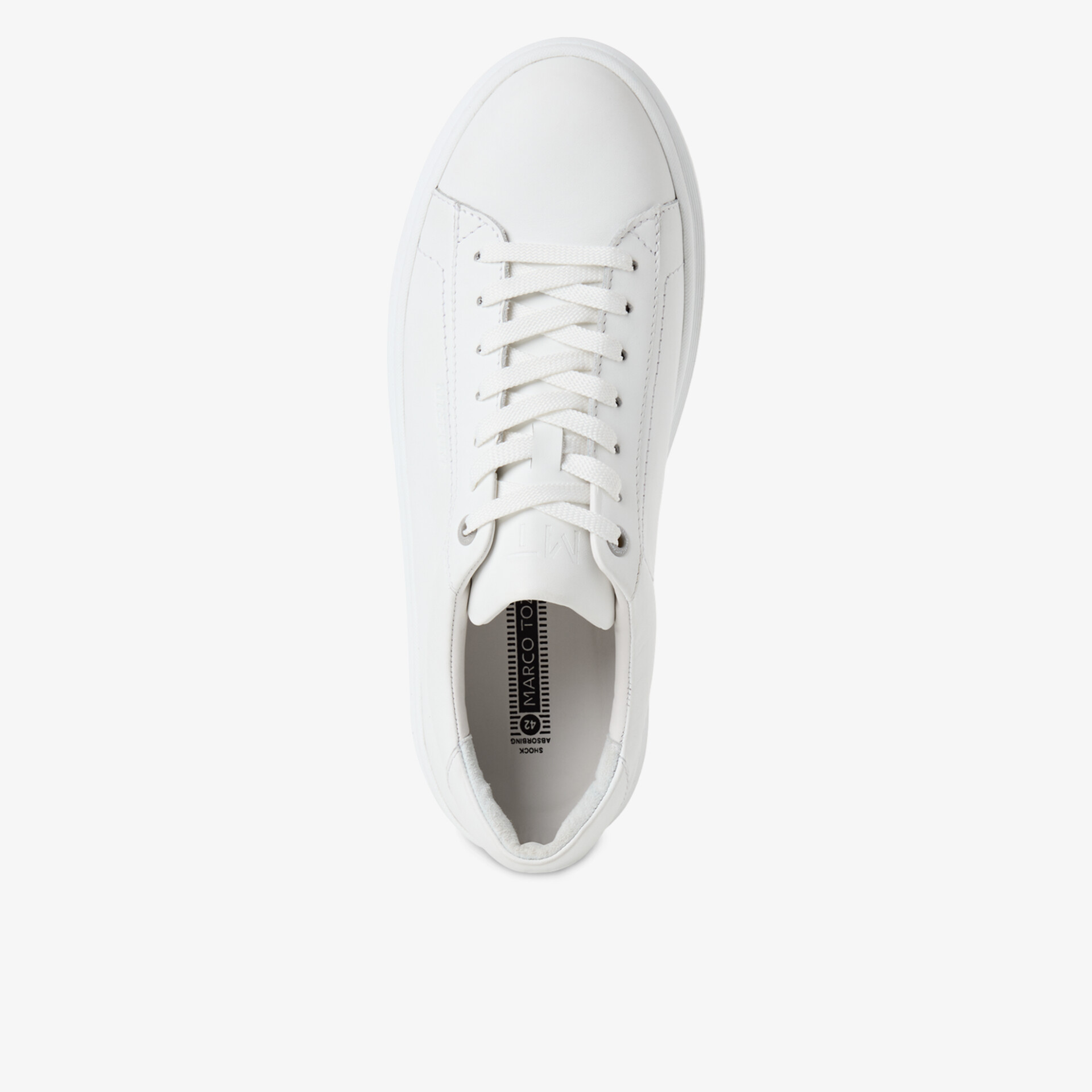 Weißer Sneaker mit klassischer Schnürung und glattem Obermaterial in minimalistischer Draufsicht