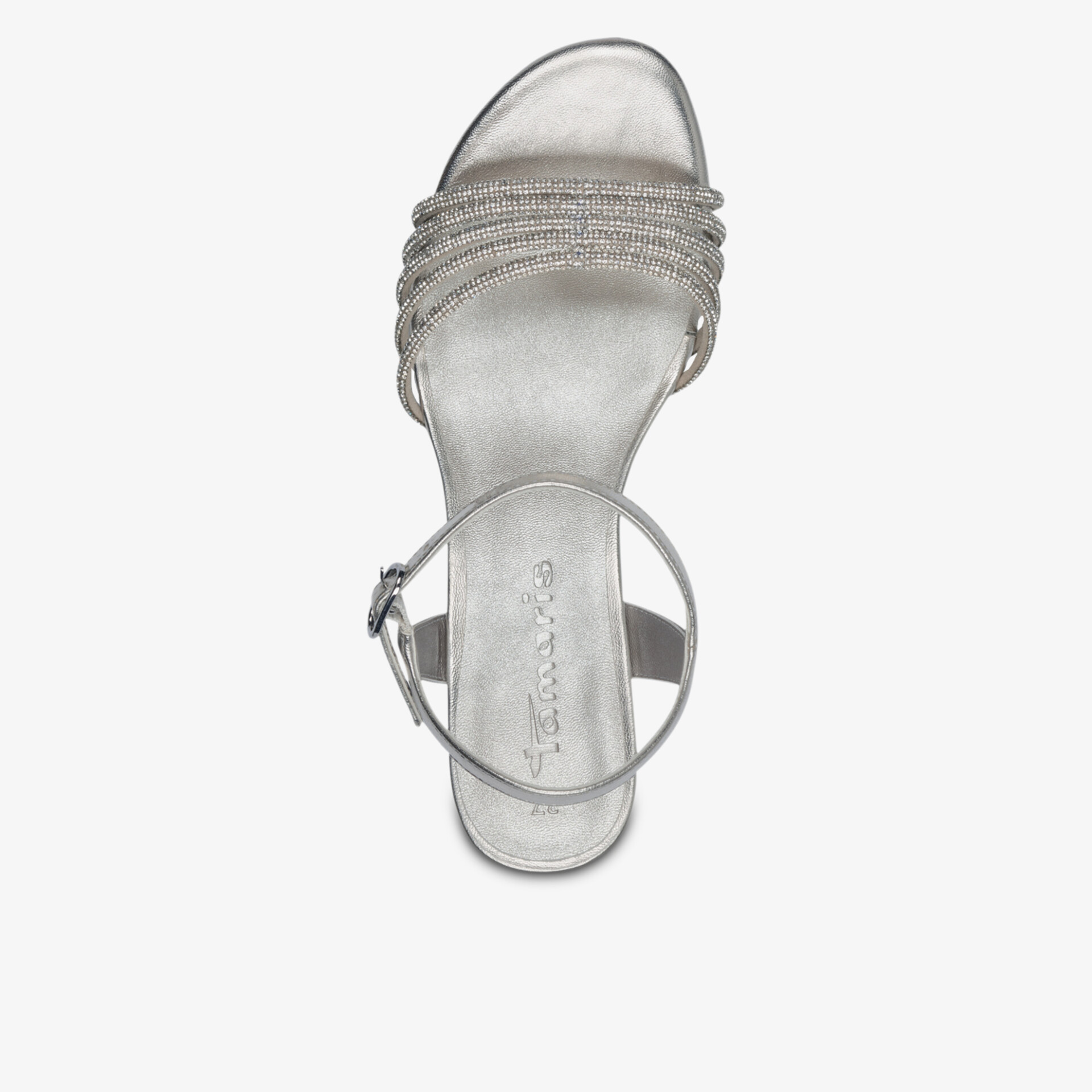 Elegante silberne Riemchensandale mit schmaler Schnalle und mittelhohem Absatz für stilvollen Auftritt