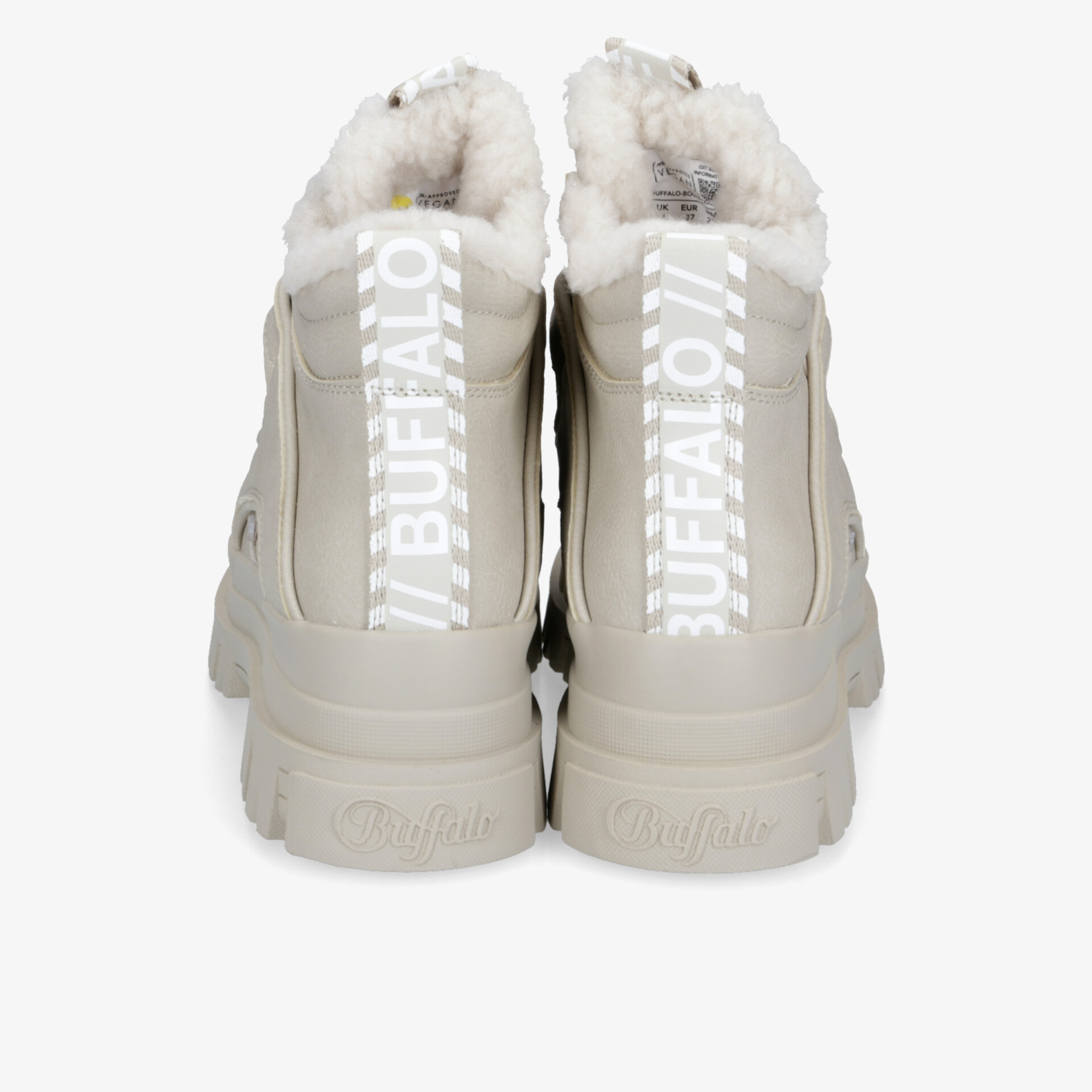 Weiße Buffalo Winterstiefel mit warmer Innenfütterung und robuster, rutschfester Sohle, Rückansicht