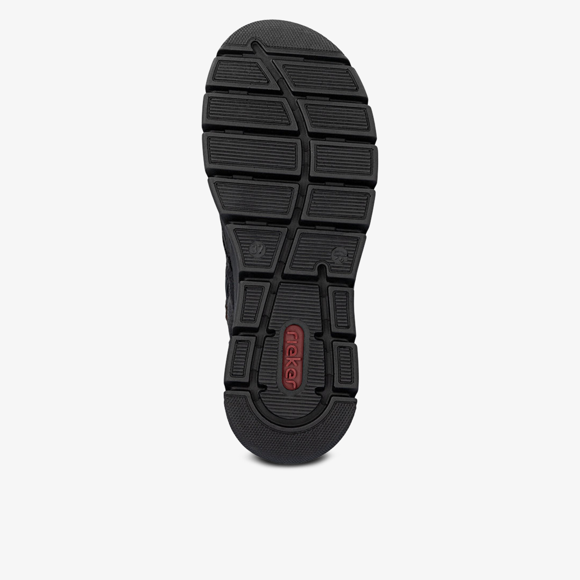 Schwarze Schuhsohle mit tiefem Profil für optimalen Grip und hohe Widerstandsfähigkeit