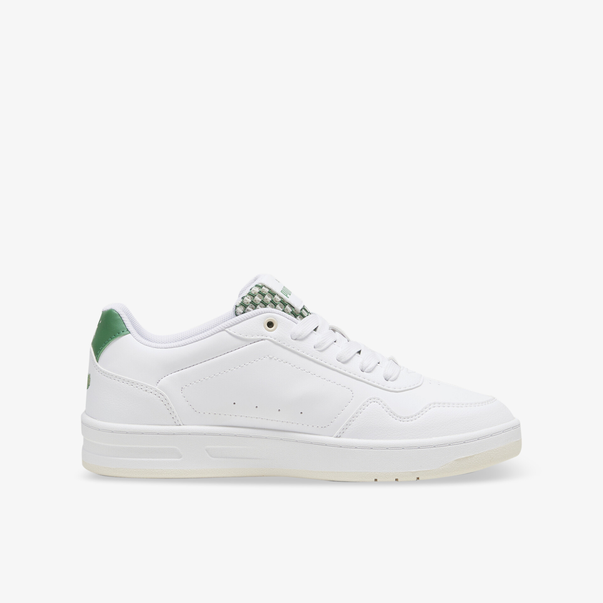 Weißer Sneaker mit seitlicher Ansicht, leicht und bequem, sportliches Design, atmungsaktives Material, strapazierfähig