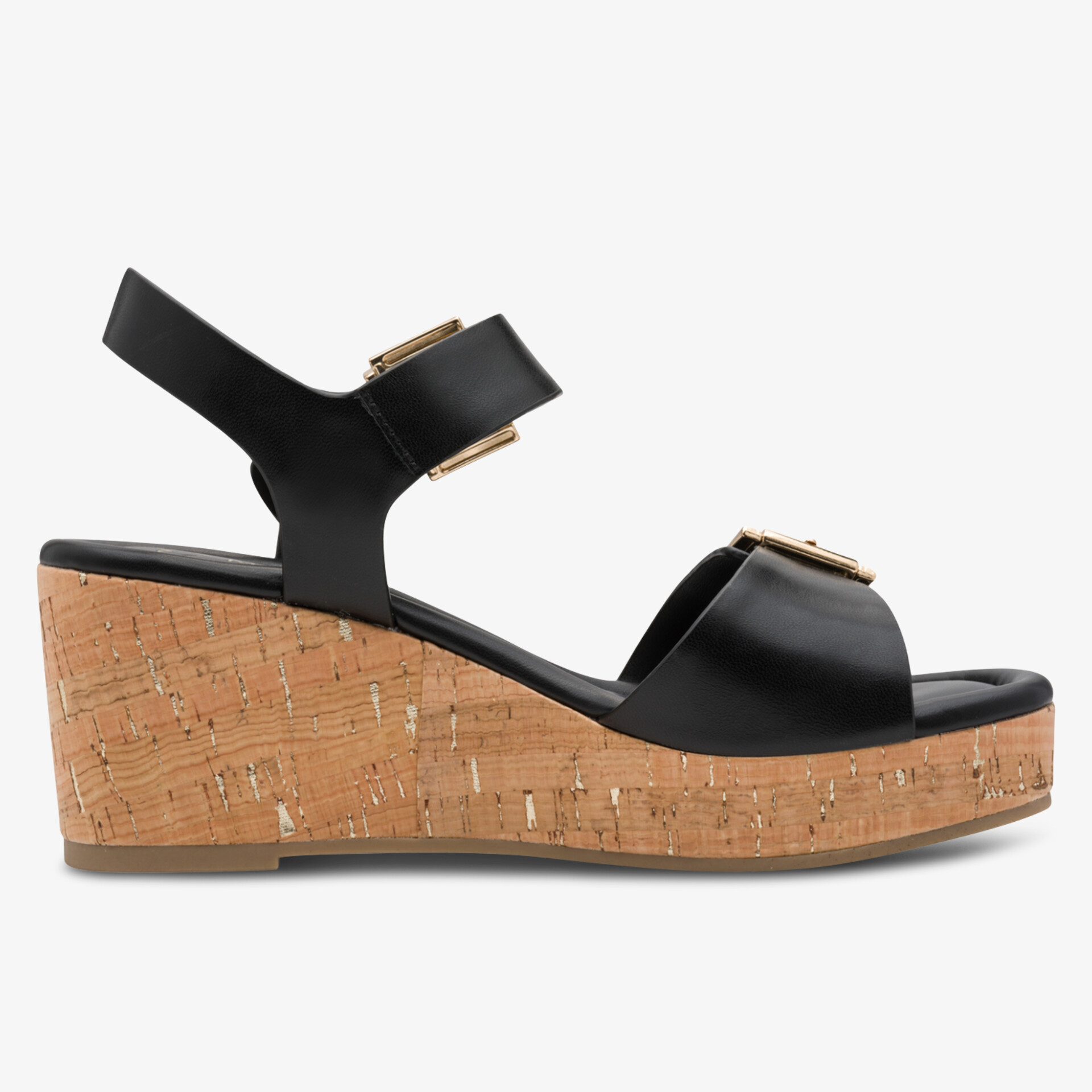 Schwarze Keilsandalette mit Kork-Plateau und goldener Schnalle, modisch und bequem für den Sommer