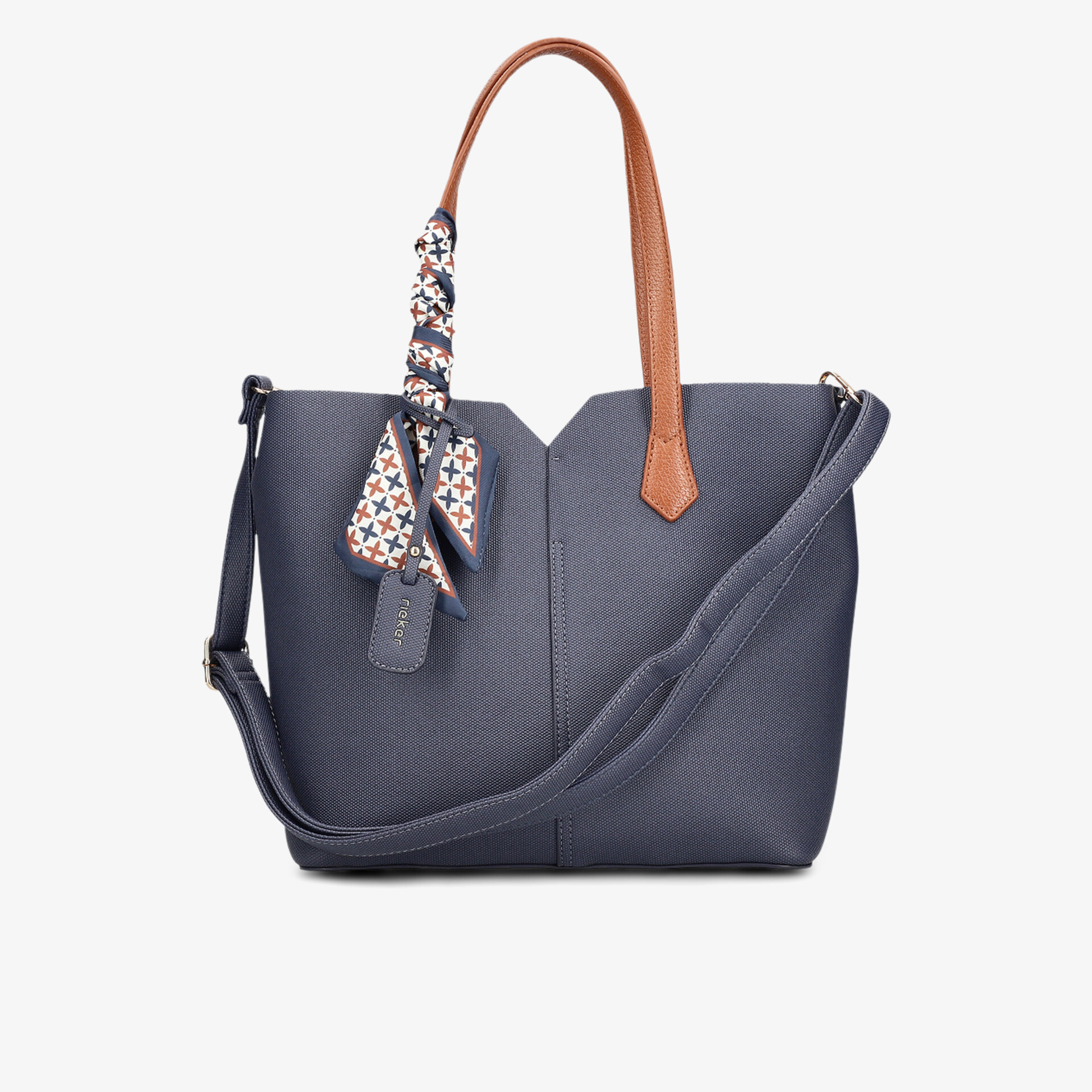Elegante dunkelblaue Tasche aus stabilem Material mit braunen Griffen und modischem Schulterriemen