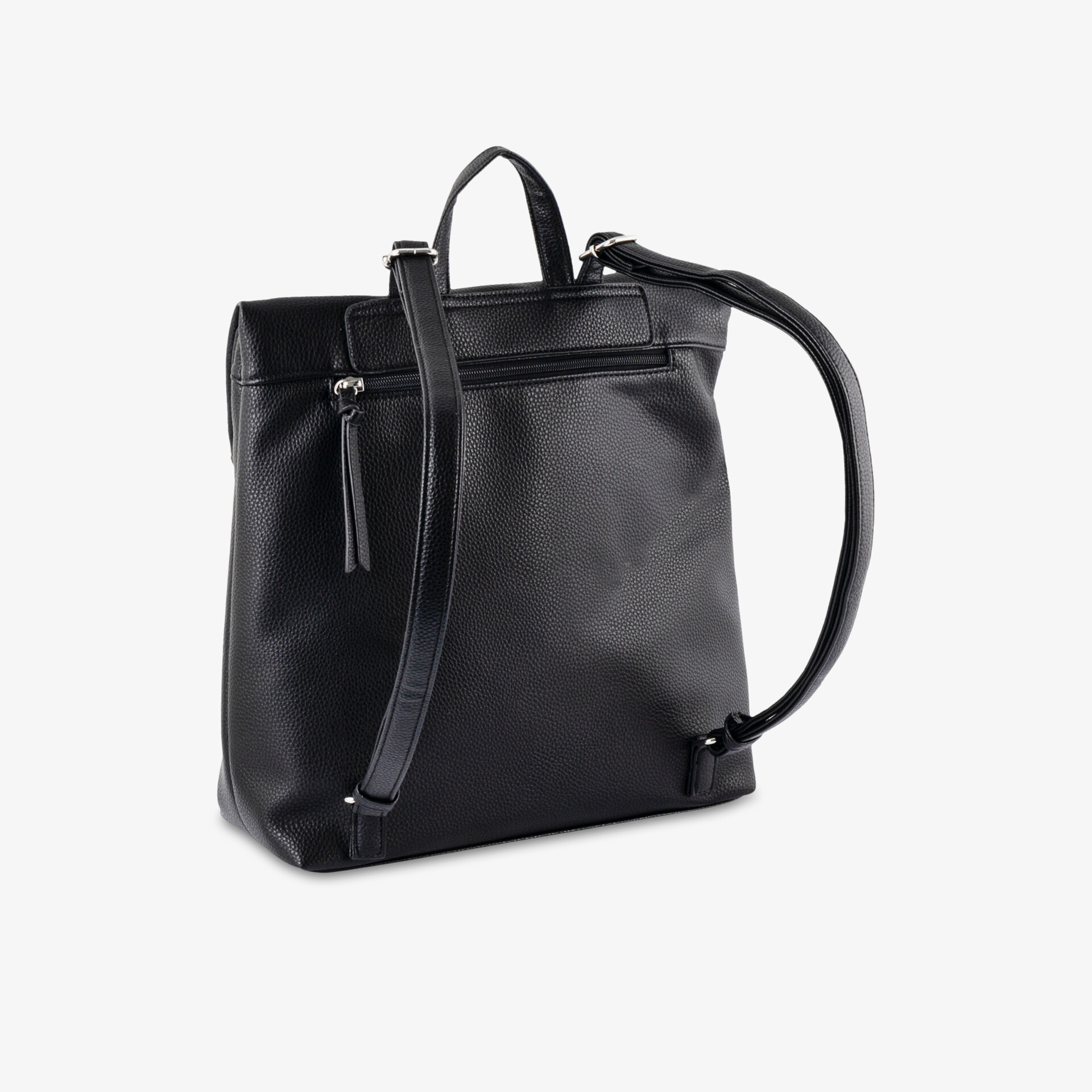 Eleganter schwarzer Rucksack in Lederoptik mit verstellbaren Trägern und praktischem Reißverschlussfach.