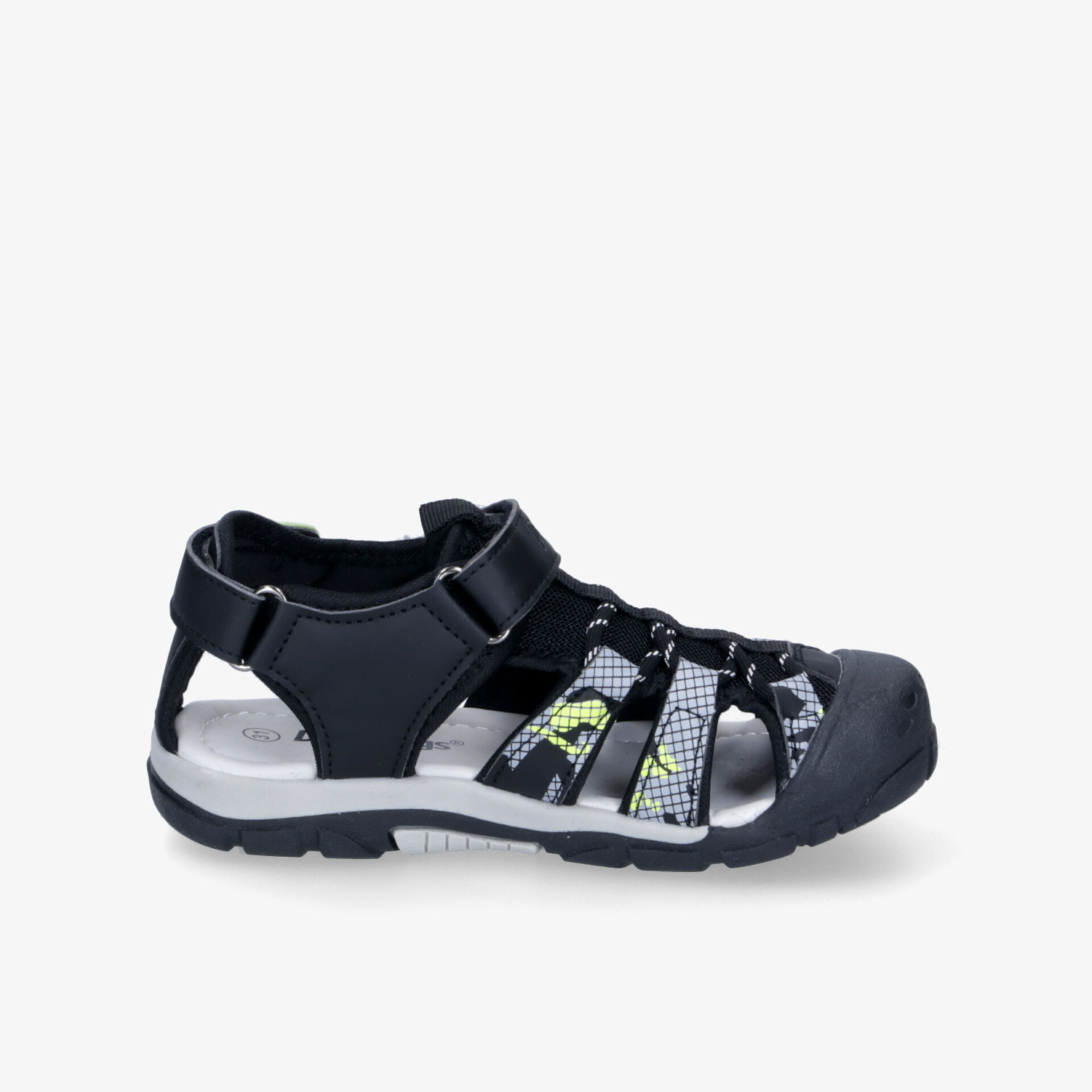 Leichte, sportliche schwarze Outdoor-Sandale mit verstellbaren Riemen und rutschfester Sohle