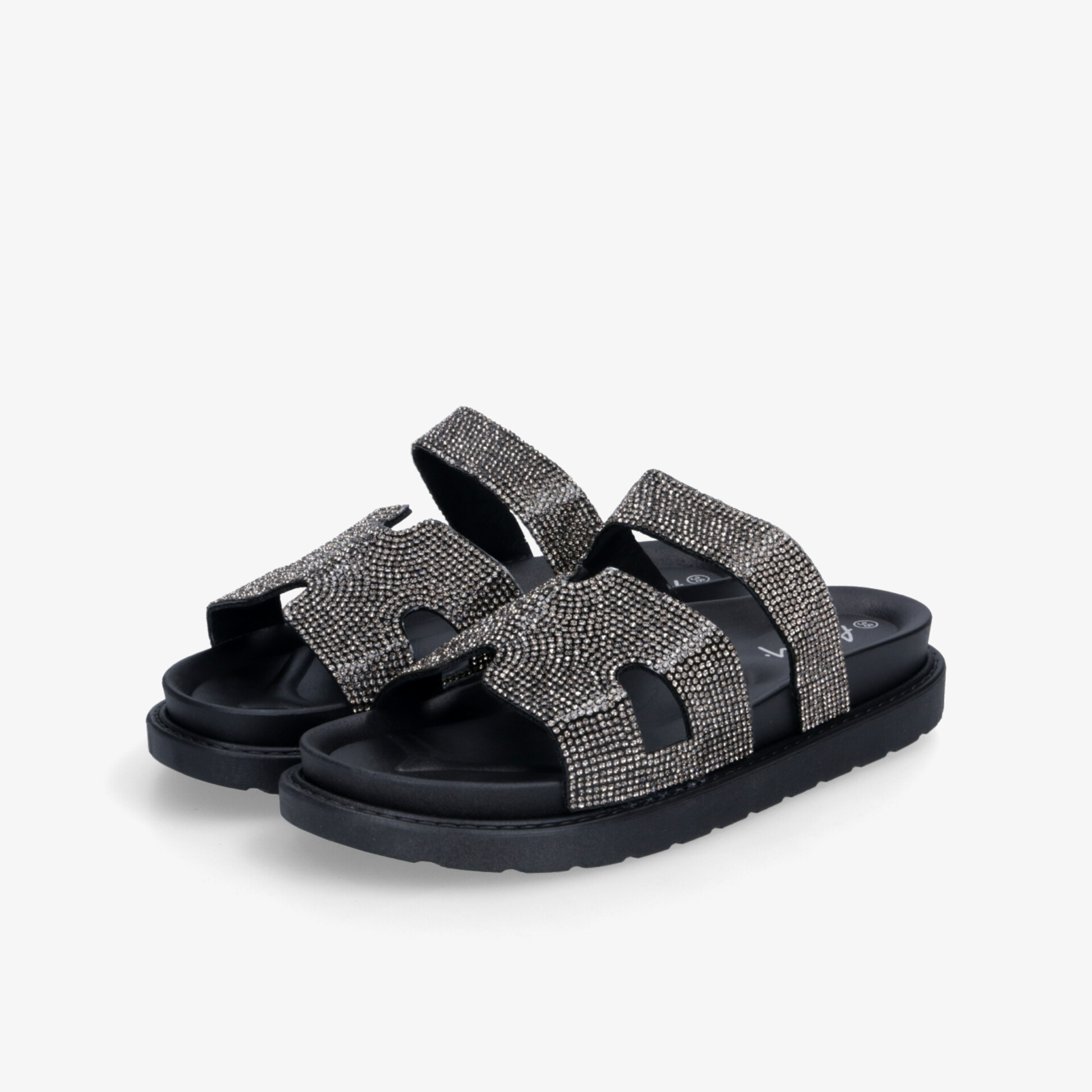 Bequem gepolsterte schwarze und graue Sandalen mit verstellbaren Riemen und rutschfester Sohle als Paar