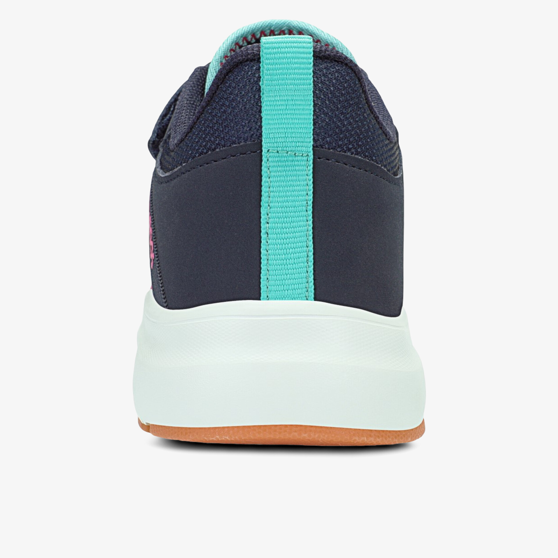 Schwarzer Sneaker mit türkisfarbenem Rückenteil und weißer Sohle, Rückansicht, sportlich und komfortabel