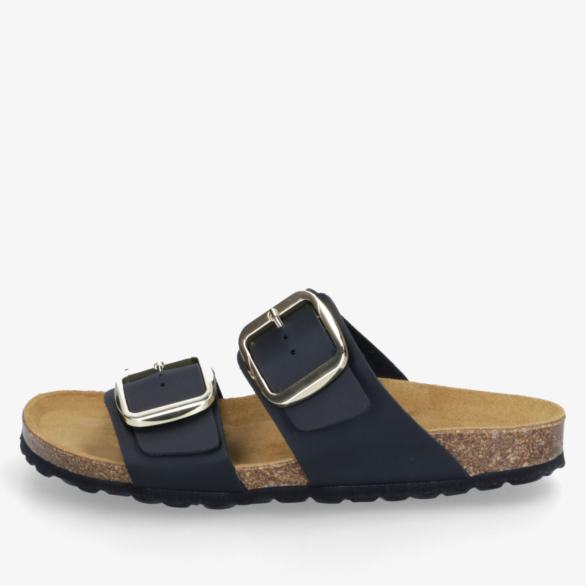 Komfortable dunkelblaue Sandale mit verstellbaren Schnallen und ergonomischer Korksohle für optimalen Halt