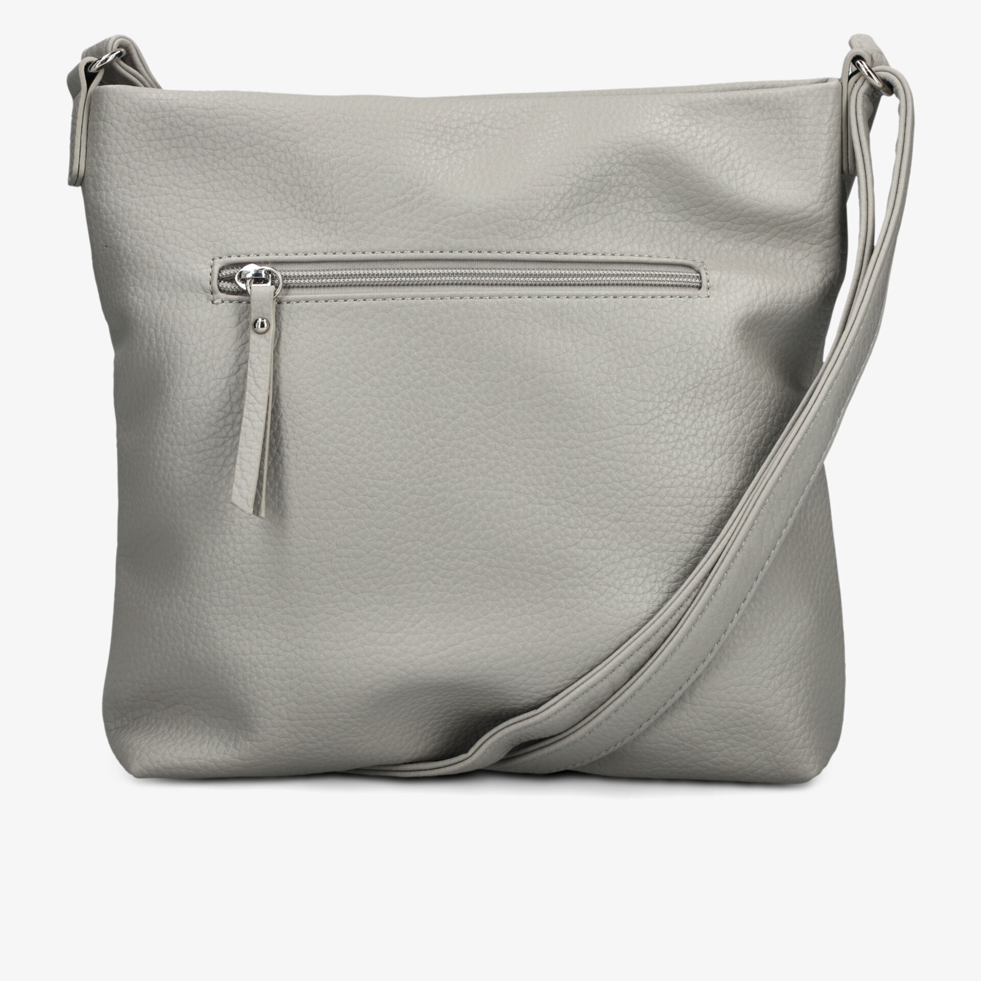 Graue Handtasche mit glatter Oberfläche und verstellbarem Schulterriemen, klar strukturierte Optik