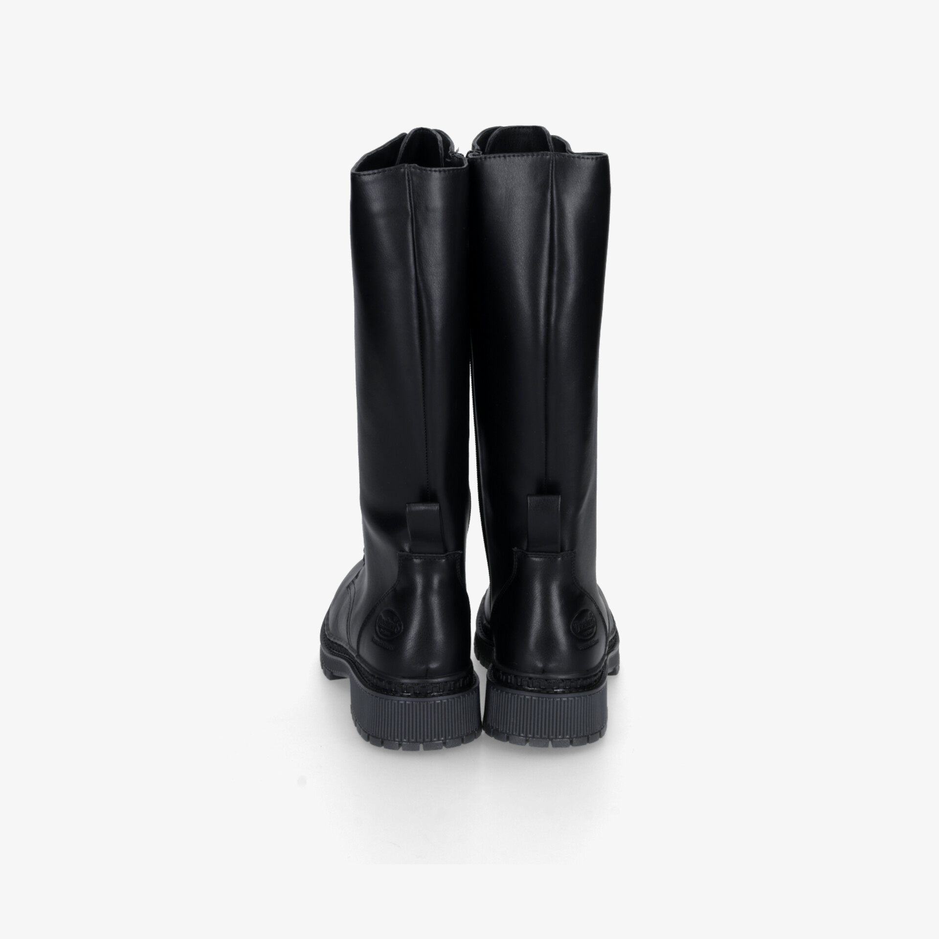 Robuste schwarze Stiefel mit hohem Schaft und komfortabler, stabilisierender Sohle, Rückansicht