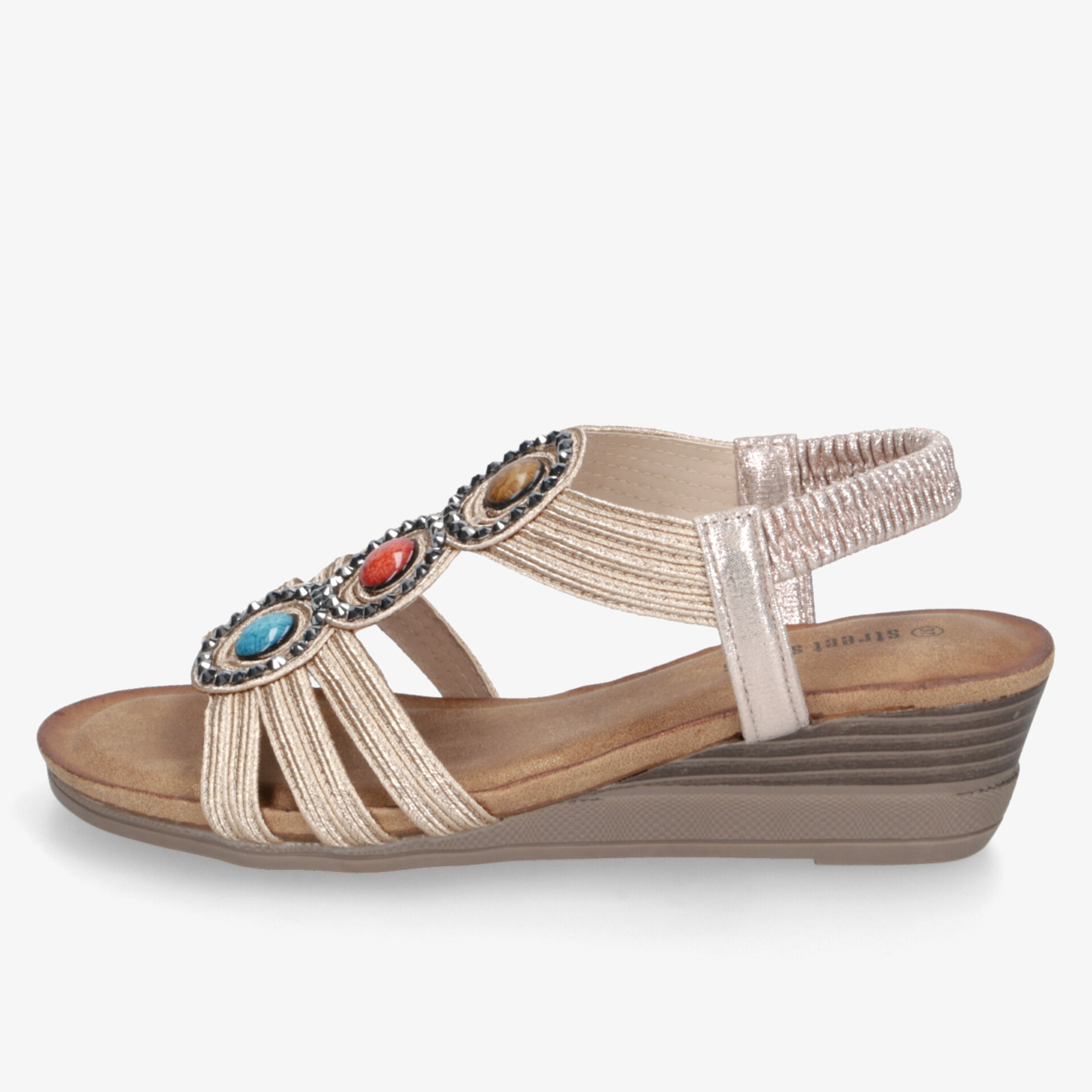 Elegante Keilabsatz-Sandalette mit dekorativen Schmucksteinen und elastischem Fersenriemen für bequemen Halt