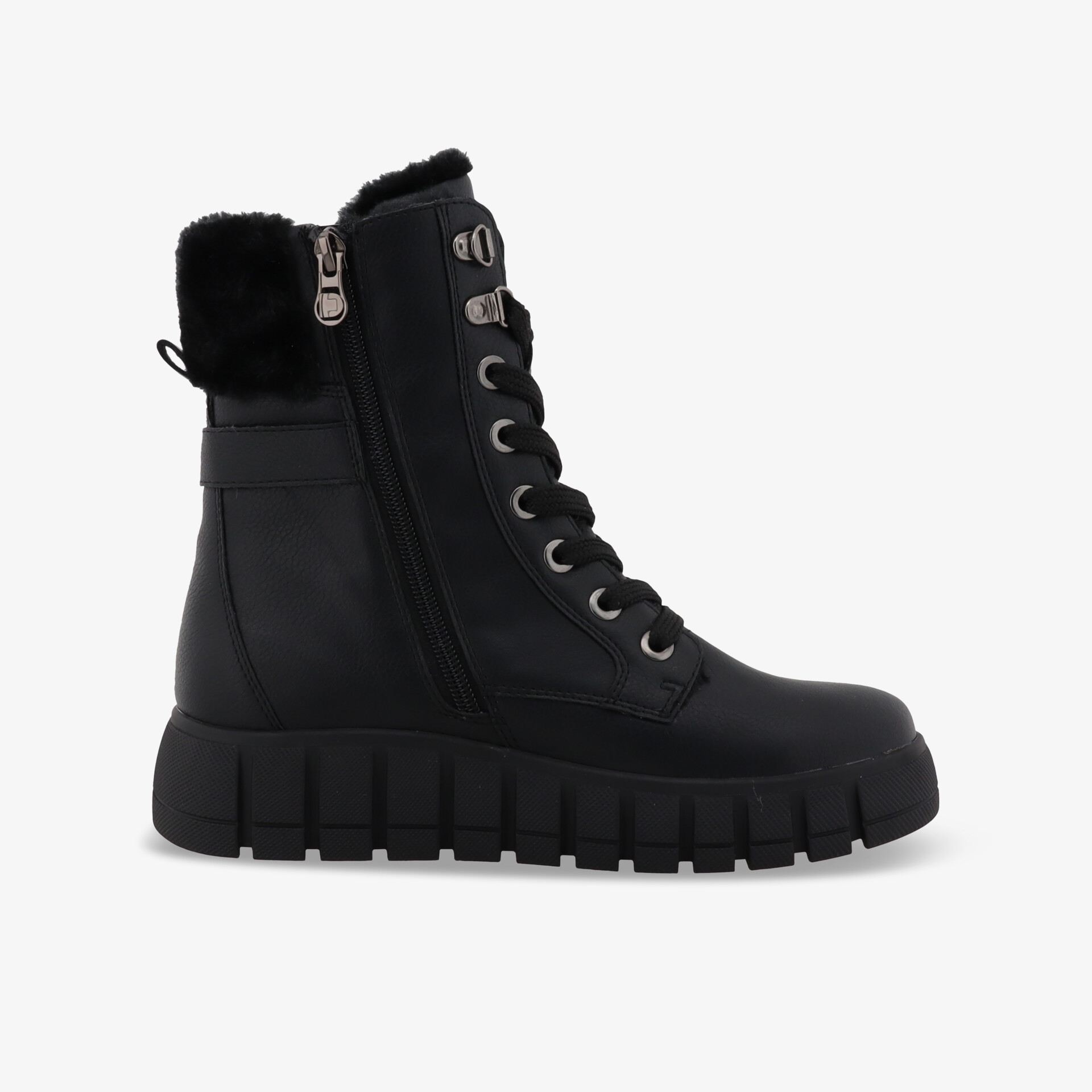 Schwarzer Winterstiefel seitlich mit Reißverschluss und Schnürung, warm gefüttert, rutschfeste Sohle für sicheren Halt