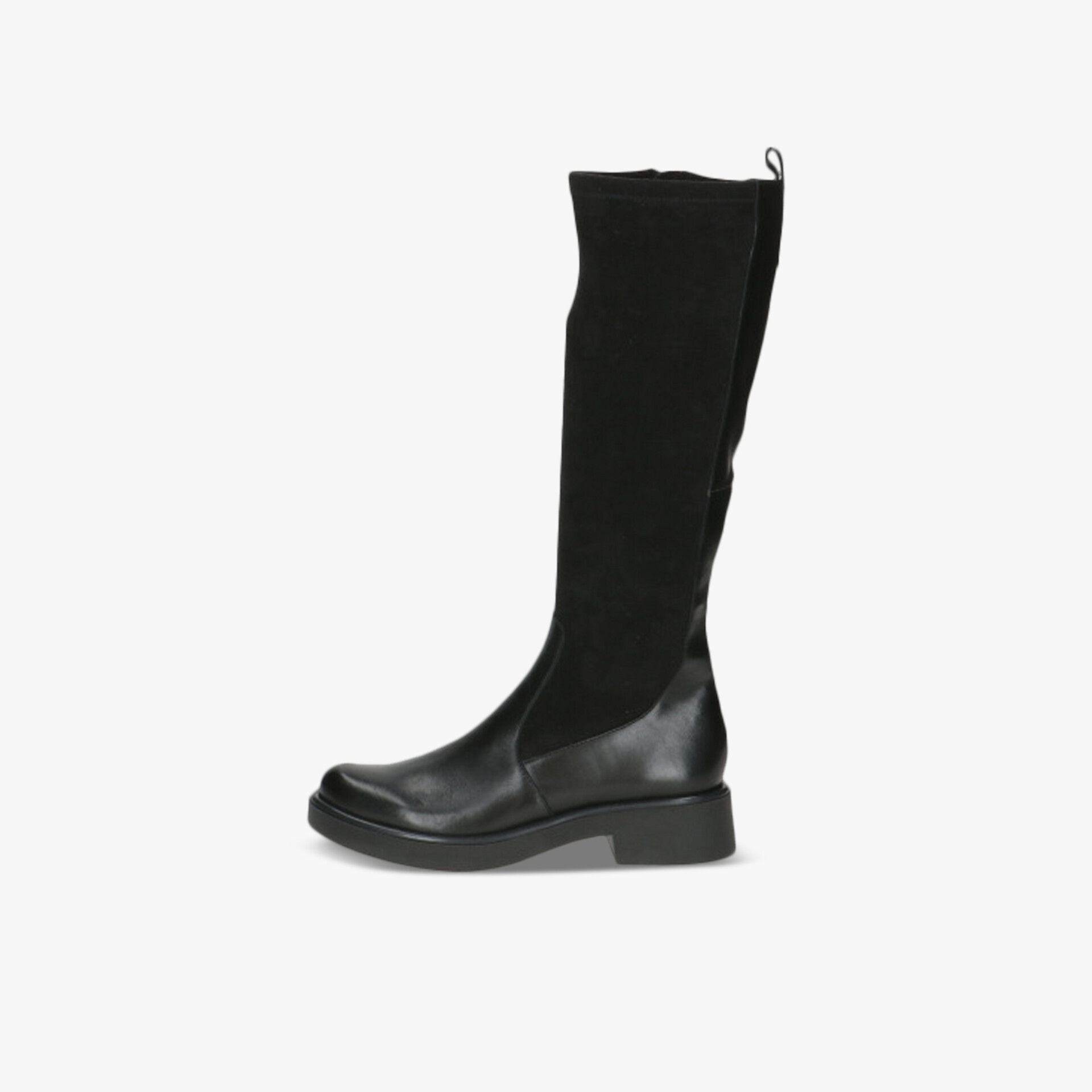 Schwarzer eleganter Stiefel mit hohem Schaft und robustem Absatz in klarer seitlicher Ansicht