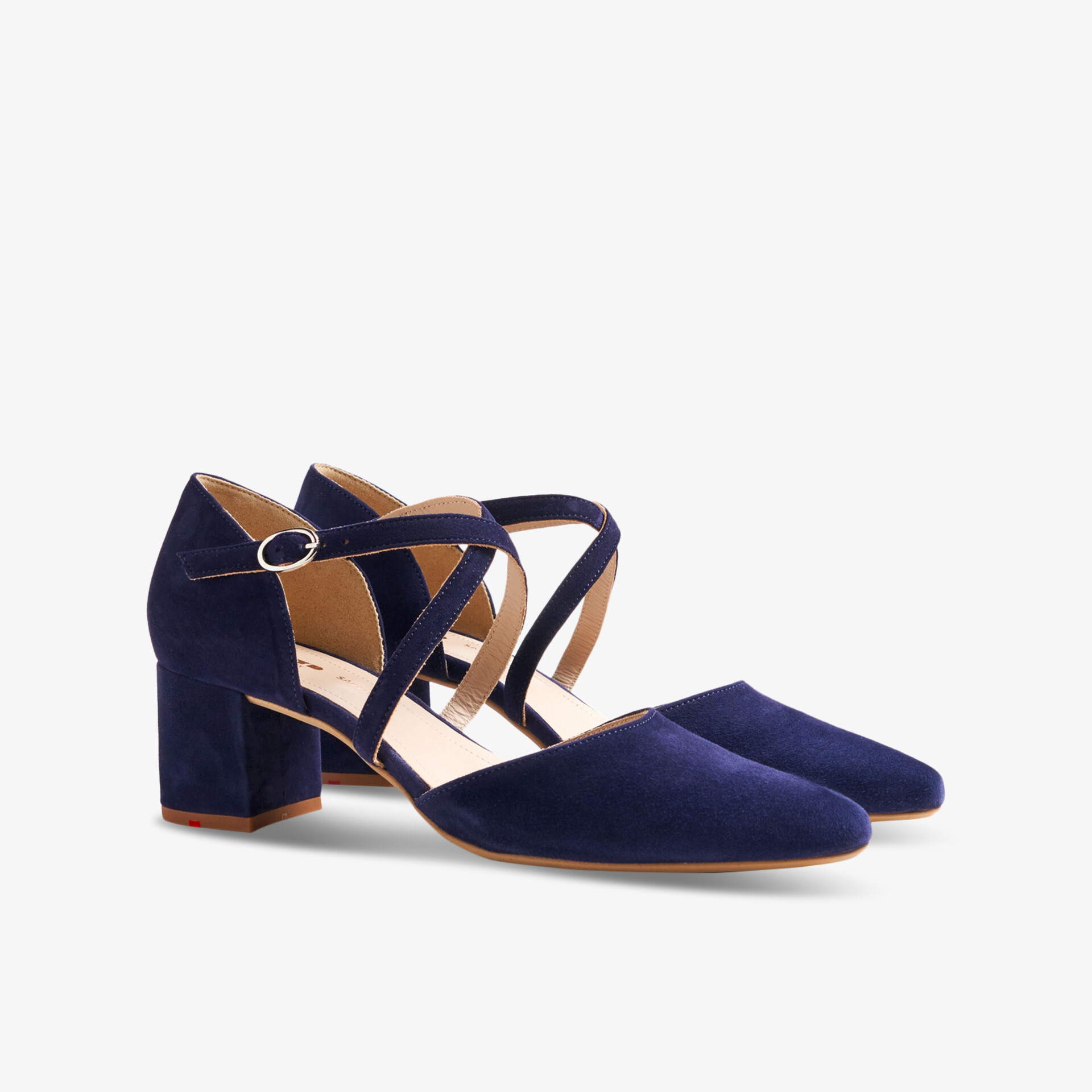 Elegante dunkelblaue Samtpumps mit Kreuzriemen und komfortablem Blockabsatz für stilvolle Anlässe.
