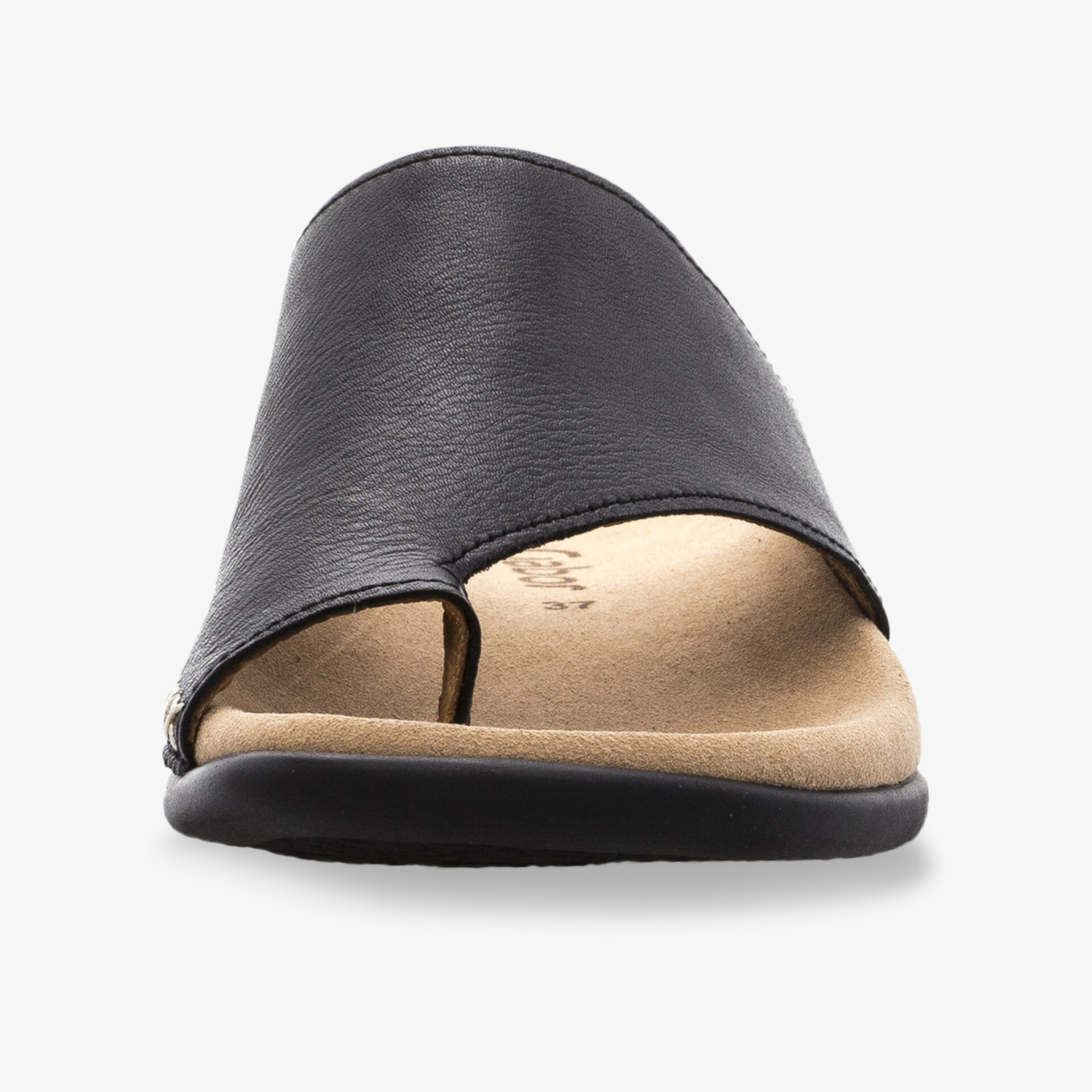 Elegante schwarze Ledersandale mit ergonomischem Fußbett und rutschfester Sohle in Frontansicht.