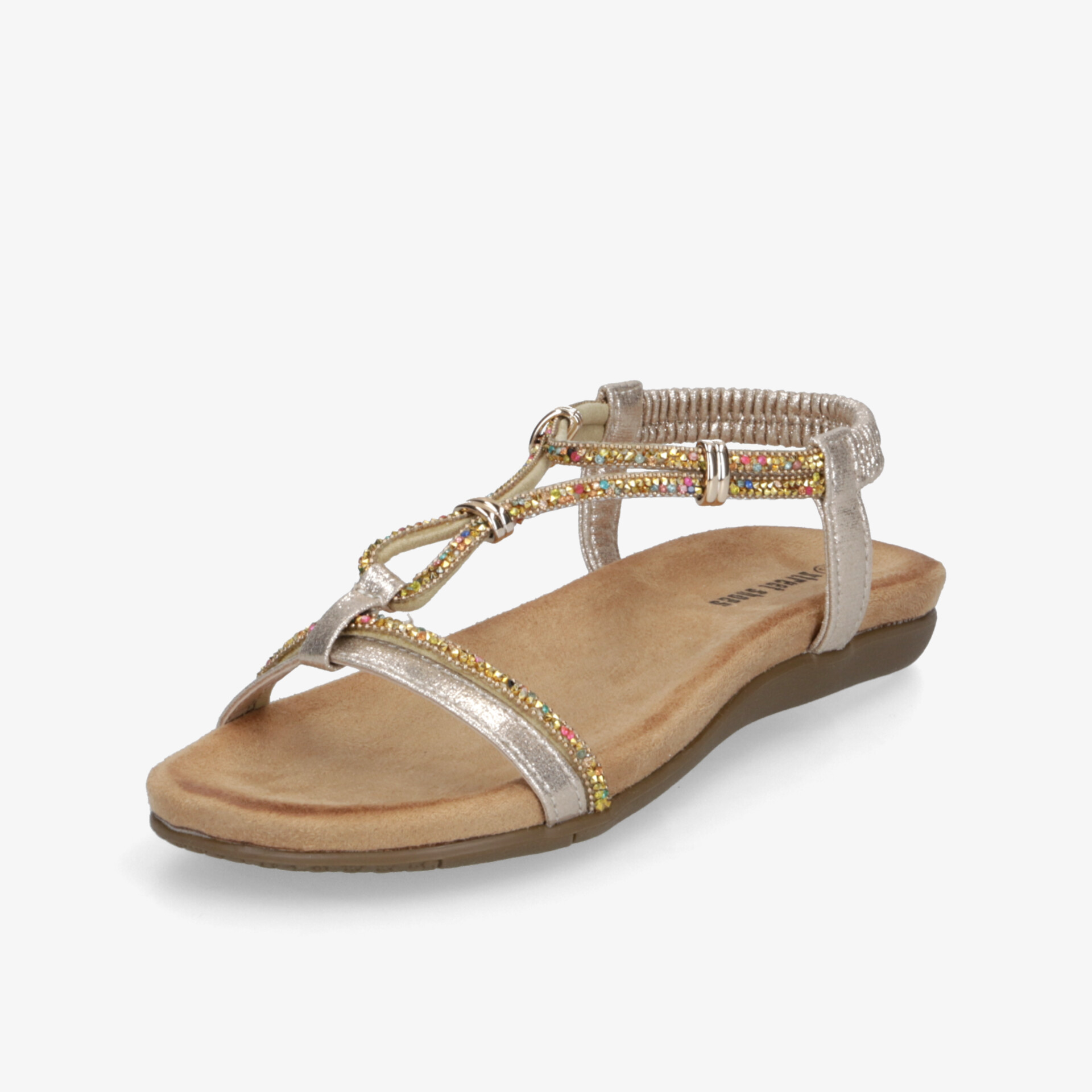 Elegante goldfarbene Sandale mit verstellbarem Riemen und weicher, bequemer flacher Sohle für angenehmen Tragekomfort