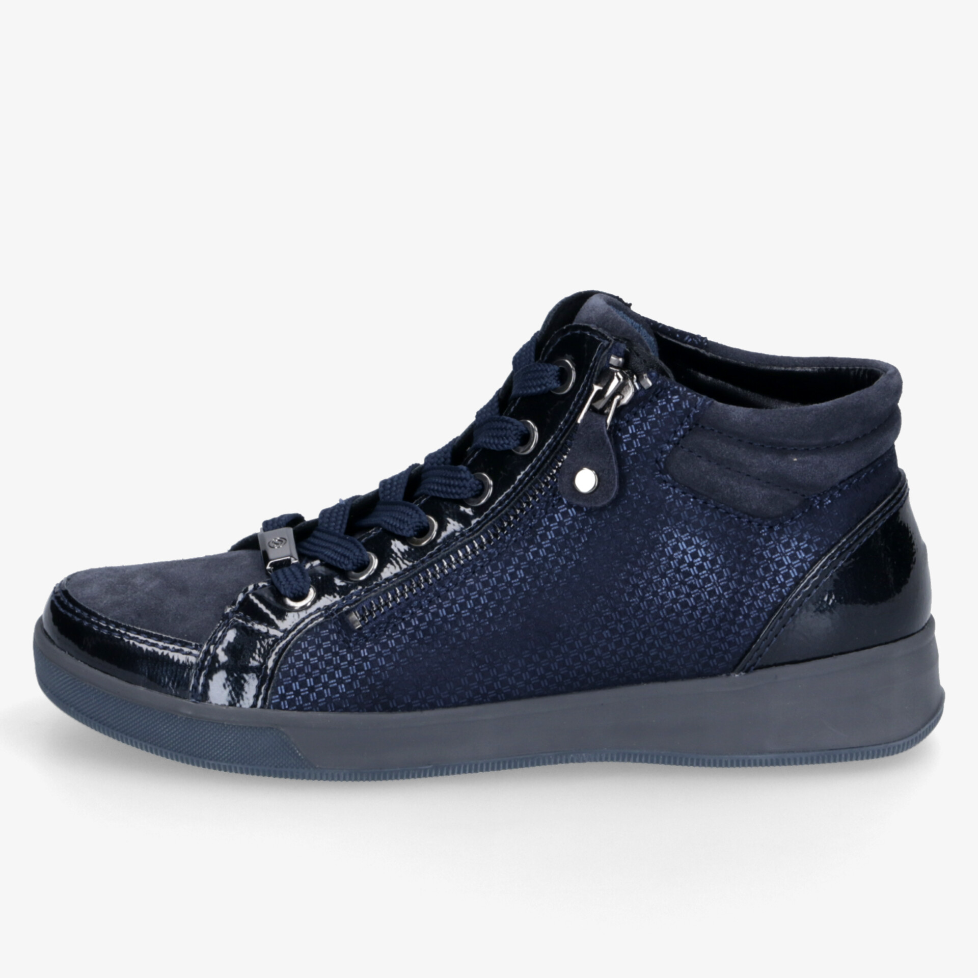 Dunkelblauer Sneaker mit seitlichem Reißverschluss, rutschfester Sohle und bequemer Passform, seitliche Ansicht