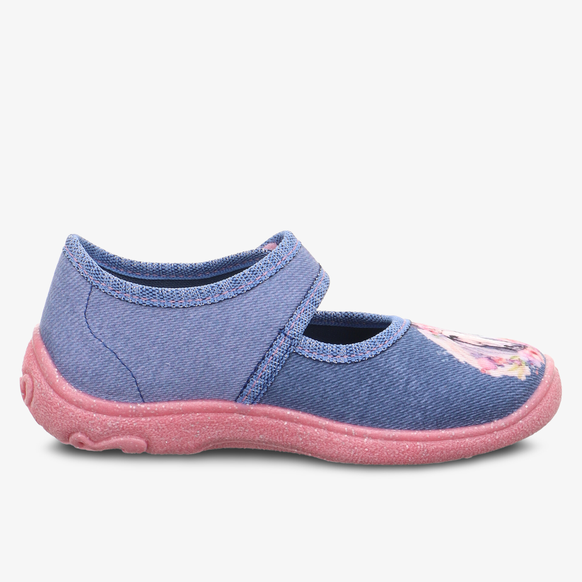 Leichter Kinderschuh mit Klettverschluss, blauer Stoff und rutschfester rosa Sohle für optimalen Halt und Komfort