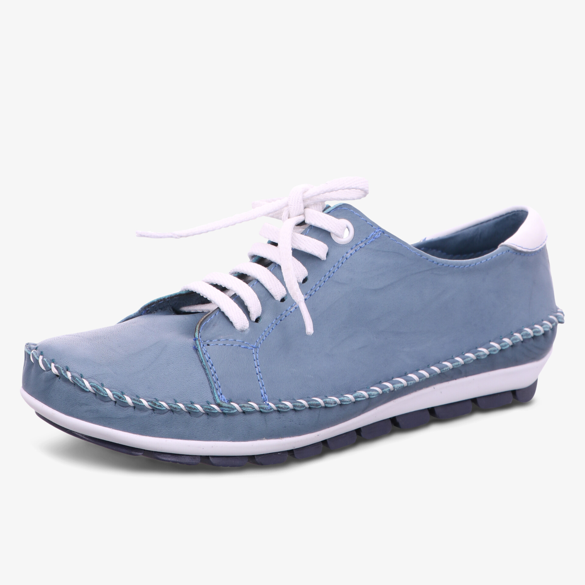 Moderner blauer Freizeitschuh mit weißer Schnürung und rutschfester Sohle