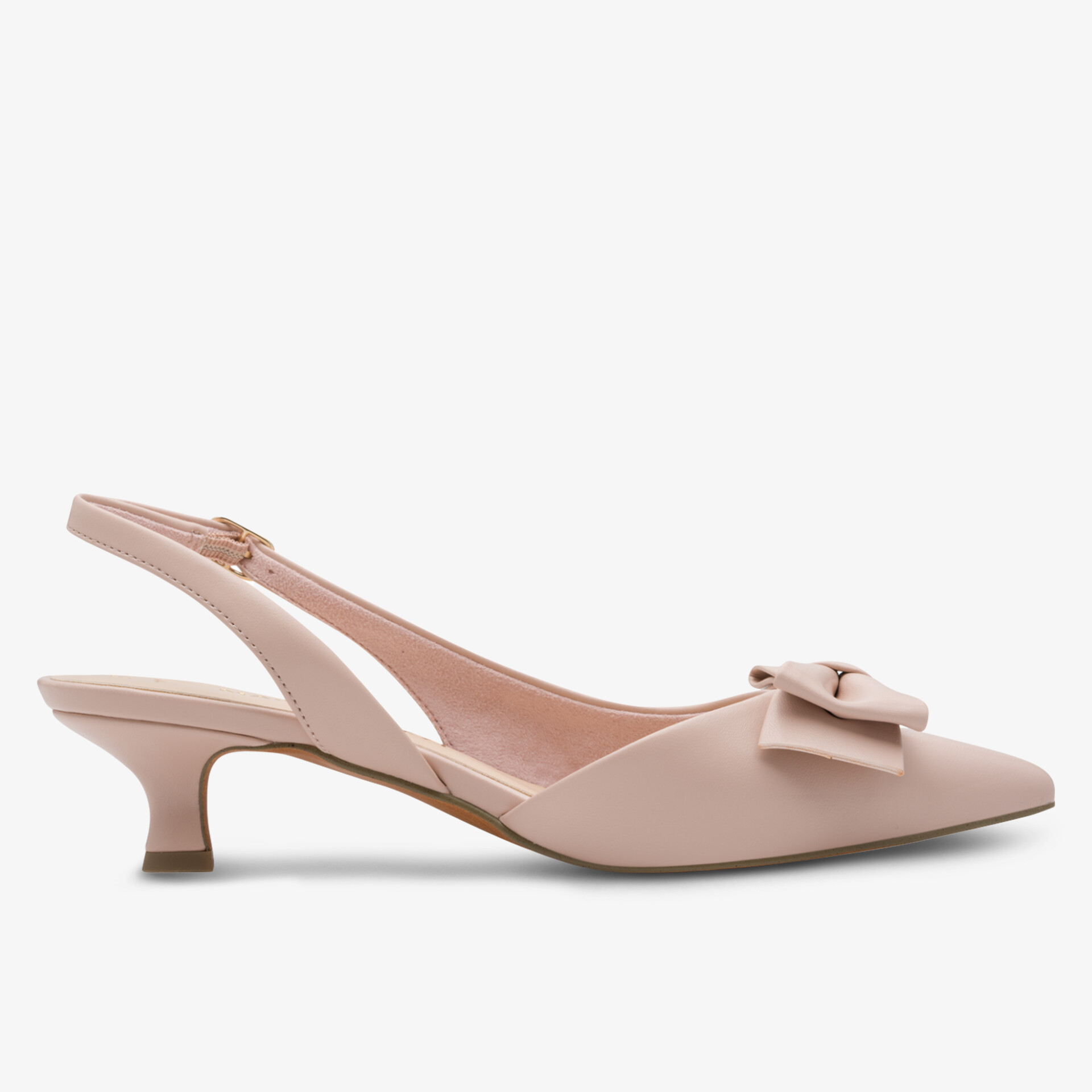 Eleganter Slingback Schuh in sanftem Rosaton mit spitz zulaufender Form und dekorativer Schleife, komfortabler Kitten Heel