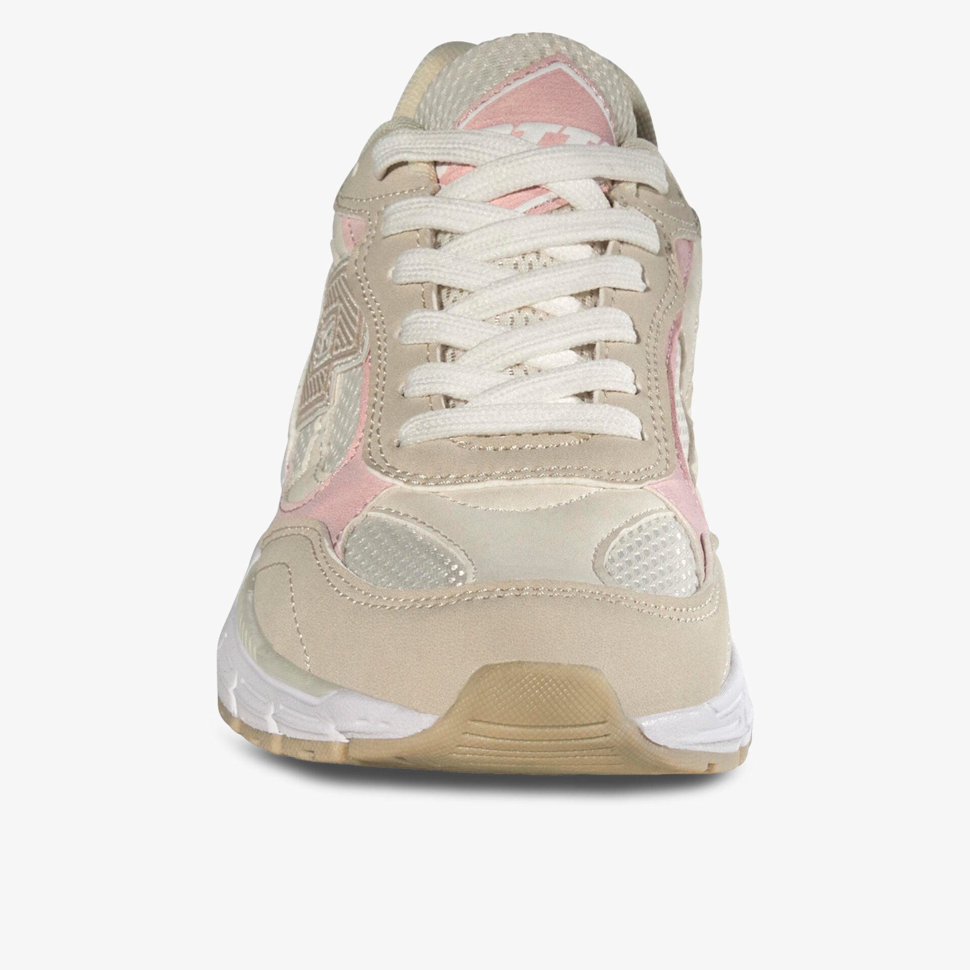 Beiger Sneaker mit weißer Sohle und rosa Akzenten, vorne abgebildet.