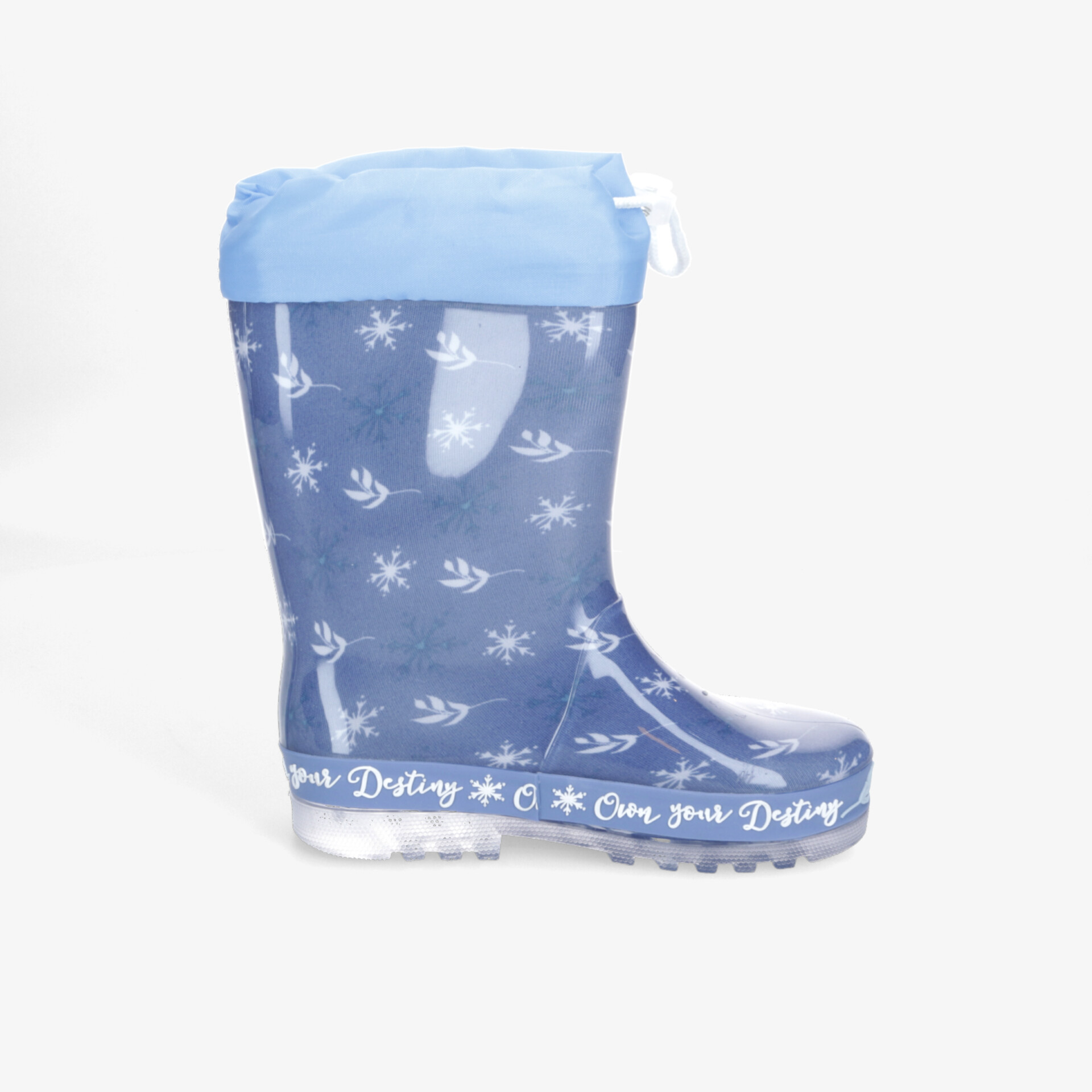 Blauer wasserdichter Gummistiefel mit rutschfester Sohle und modischem weißen Muster, gepolsterter Rand