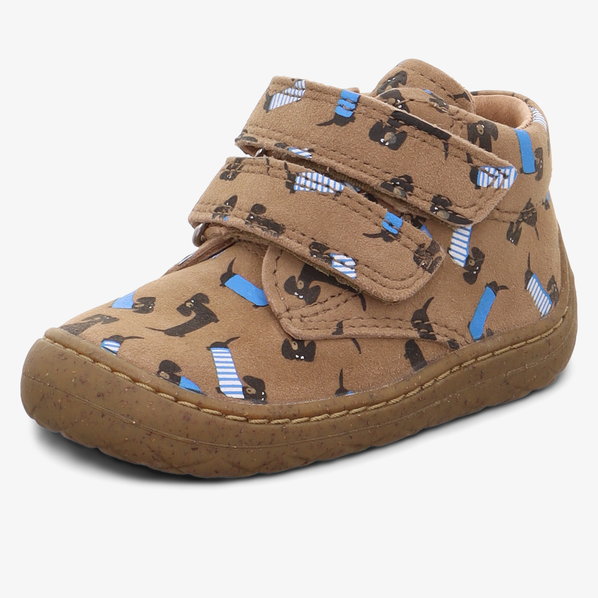Flexibler Kinderschuh mit Klettverschlüssen, weicher rutschfester Sohle und attraktiven Hundemotiven