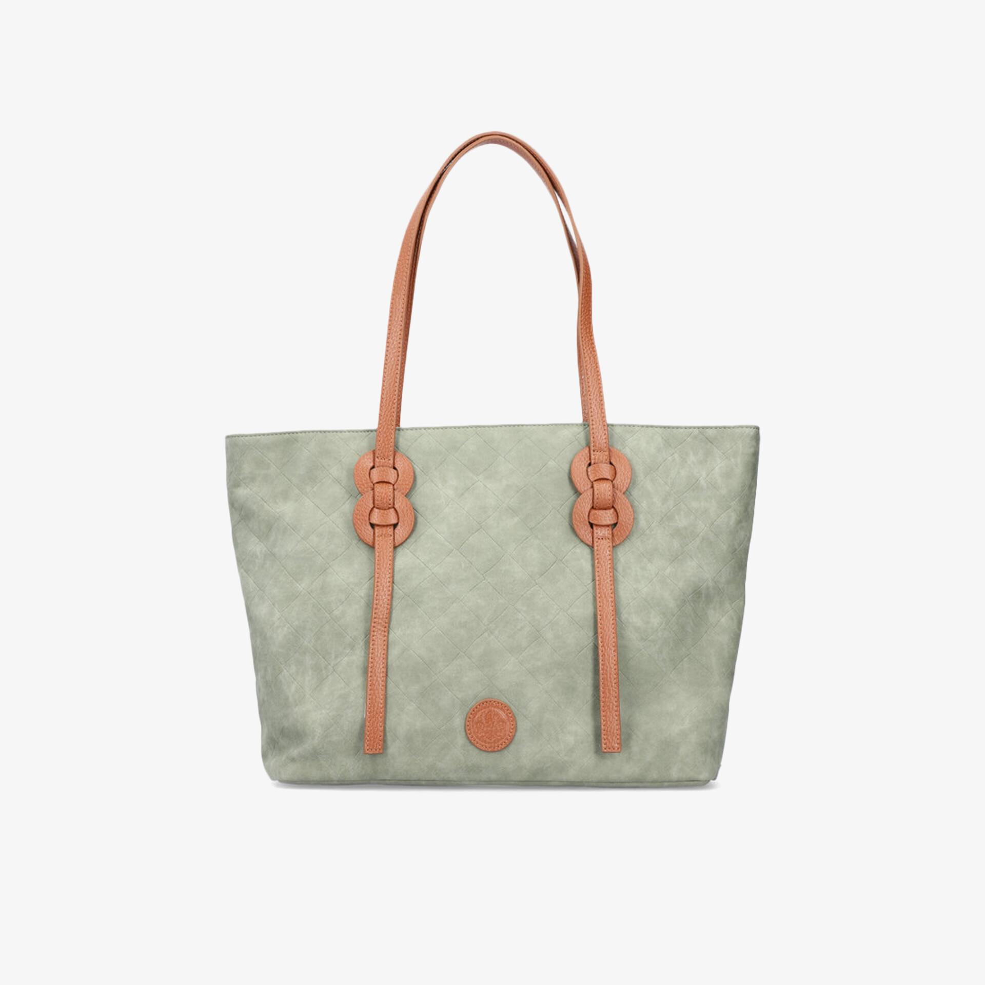 Elegante Schultertasche mit braunen Griffen und grauem Körper, ideal für Alltag und besondere Anlässe.