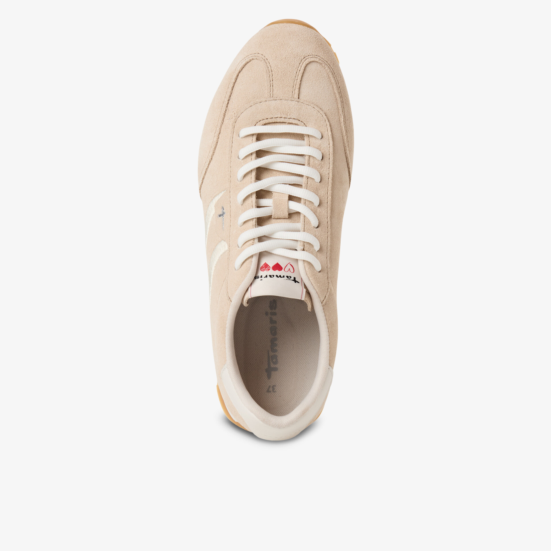 Beiger Sneaker mit weicher Oberfläche und Schnürung in moderner Top-Down Ansicht