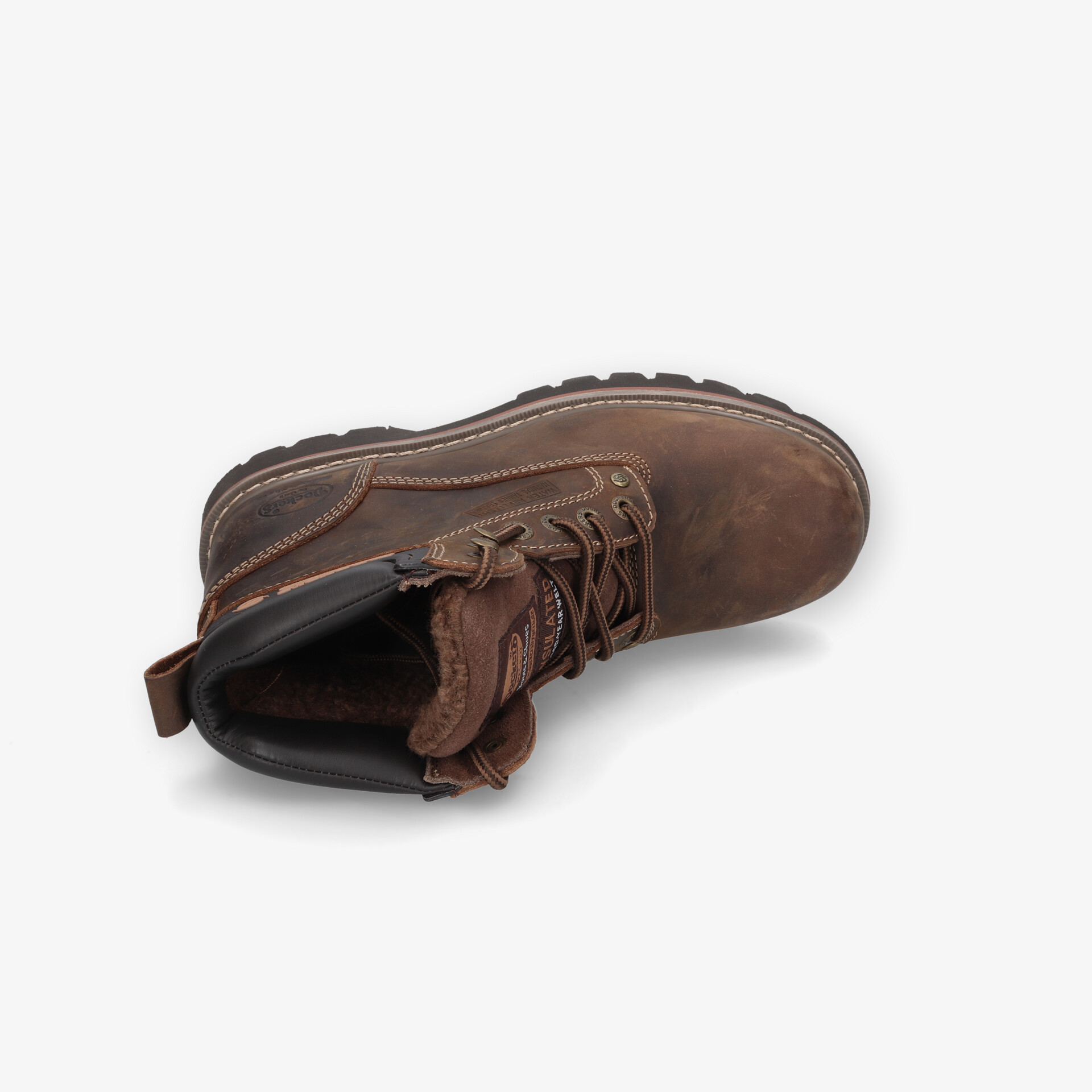 Robuster brauner Outdoor-Stiefel aus hochwertigem Leder mit Schnürung und gepolstertem Knöchelschutz, Draufsicht