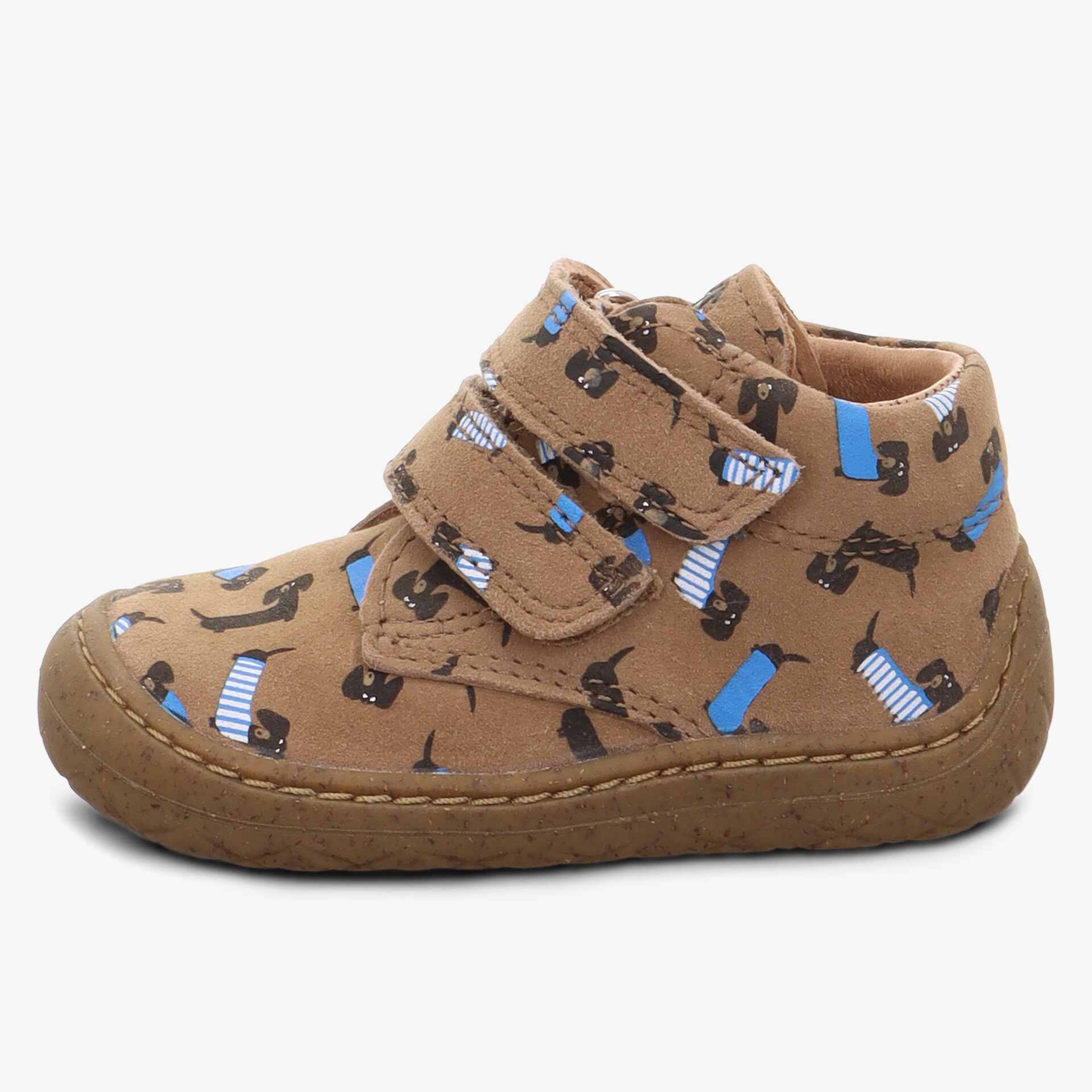 Bequemer brauner Kinderschuh mit Tiermuster und praktischem Klettverschluss, flexible rutschfeste Sohle