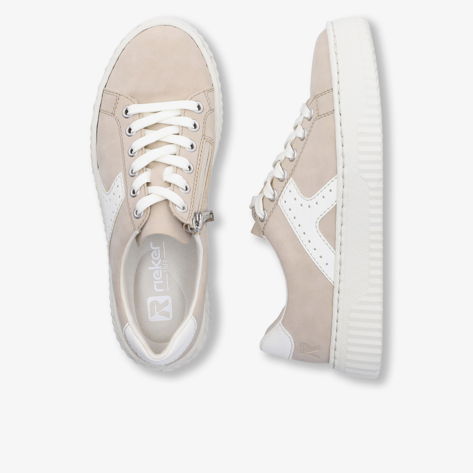 Bequeme Sneaker mit weißer Sohle und trendigem Design in hellen Naturtönen, ideal für sportlichen Alltag