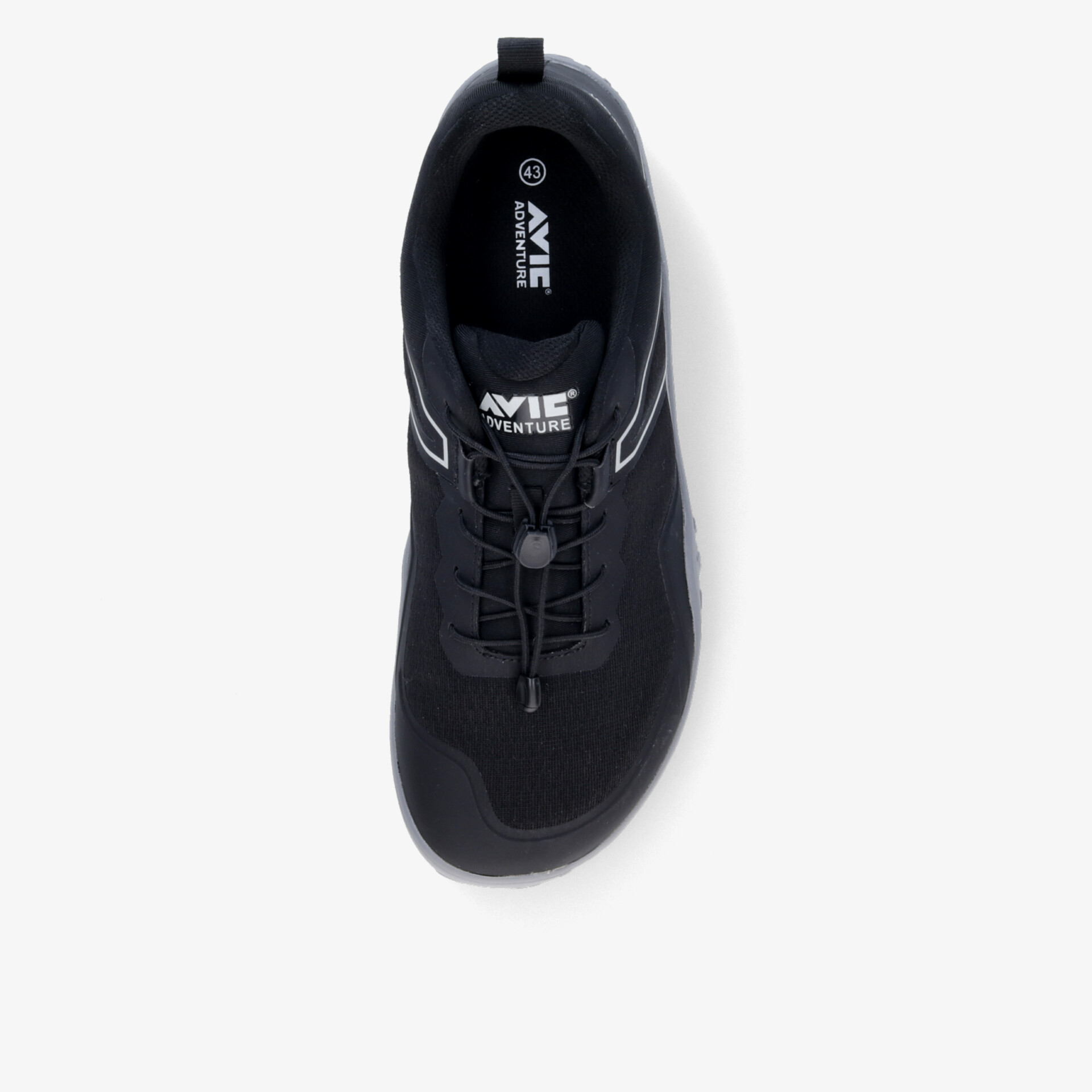 Sportlicher schwarzer Sneaker mit Schnellschnürsystem für optimalen Halt und Komfort von oben gesehen.