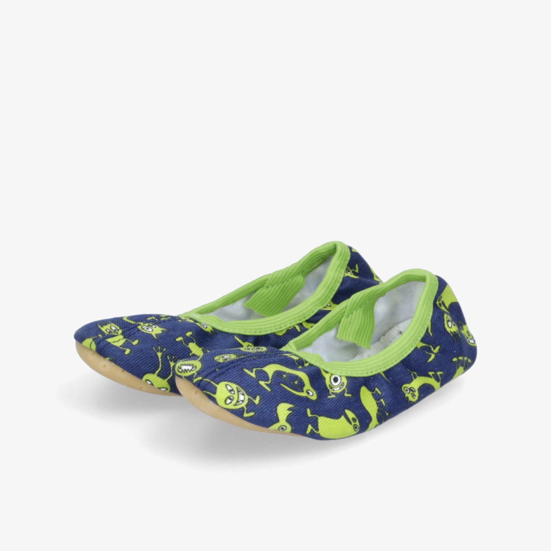 Bequeme und modische Ballerinas in Blau mit grünem Muster und flexibler, rutschfester Sohle. Ideal für den Alltag.