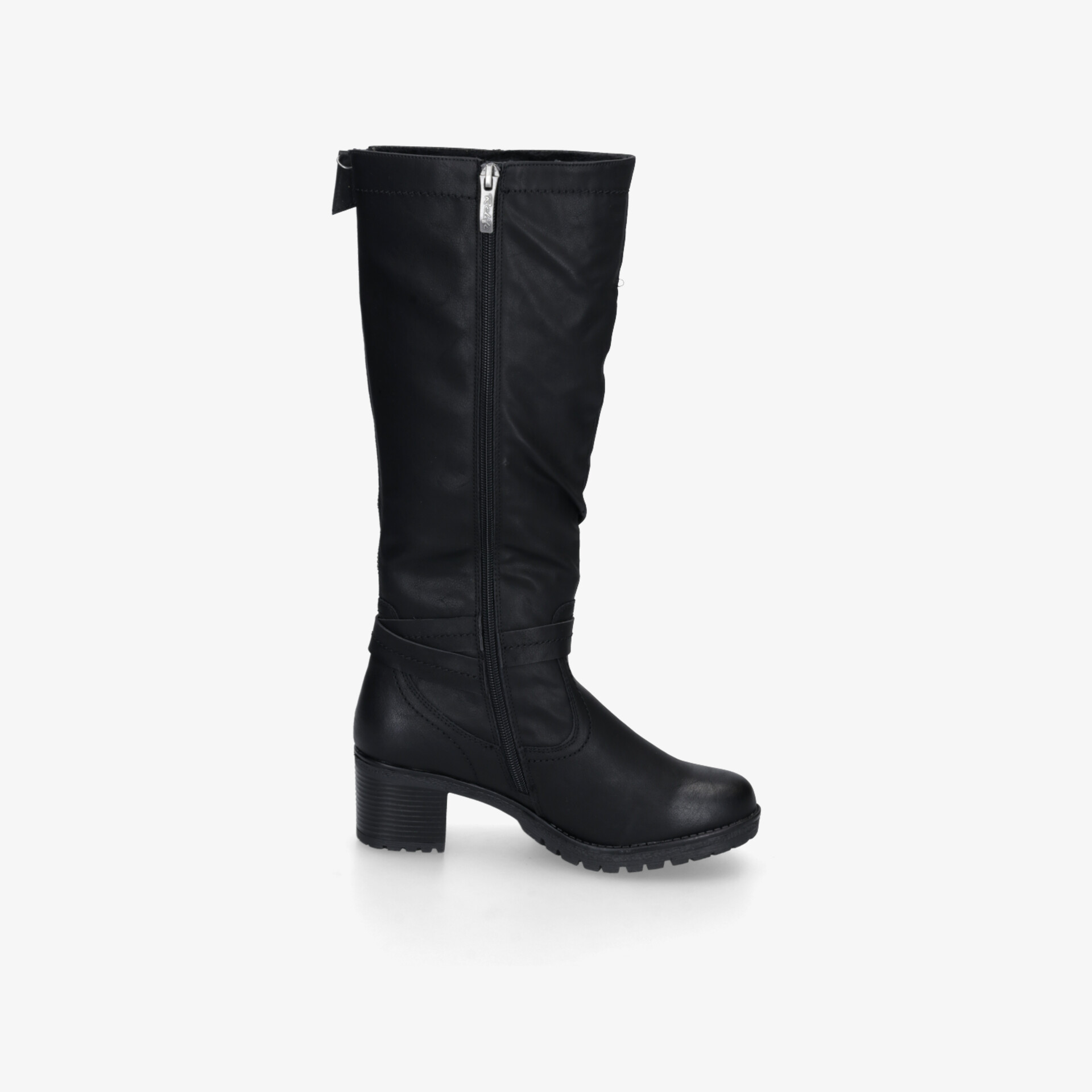 Schwarzer Stiefel mit stabilem Absatz und seitlichem Reißverschluss, klare seitliche Ansicht