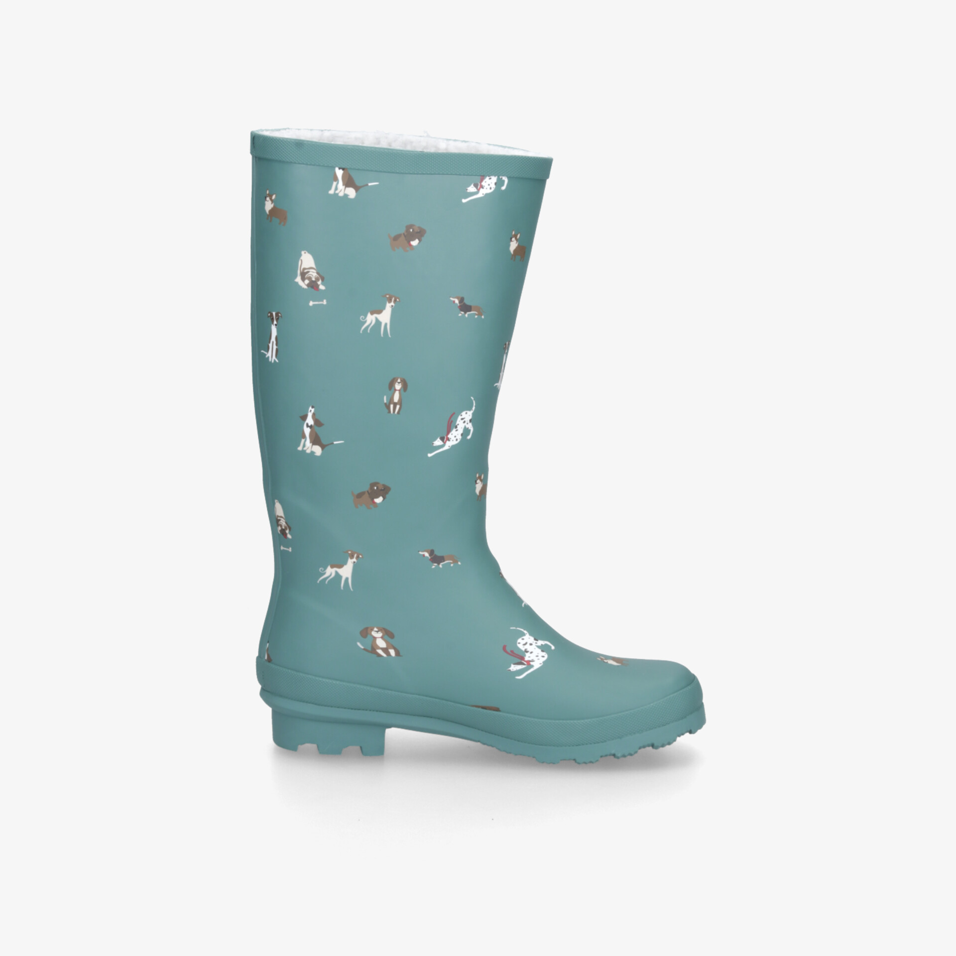 Seitlich abgebildeter robuster, wasserdichter Gummistiefel mit rutschfester Sohle und verspieltem Hundemotiv